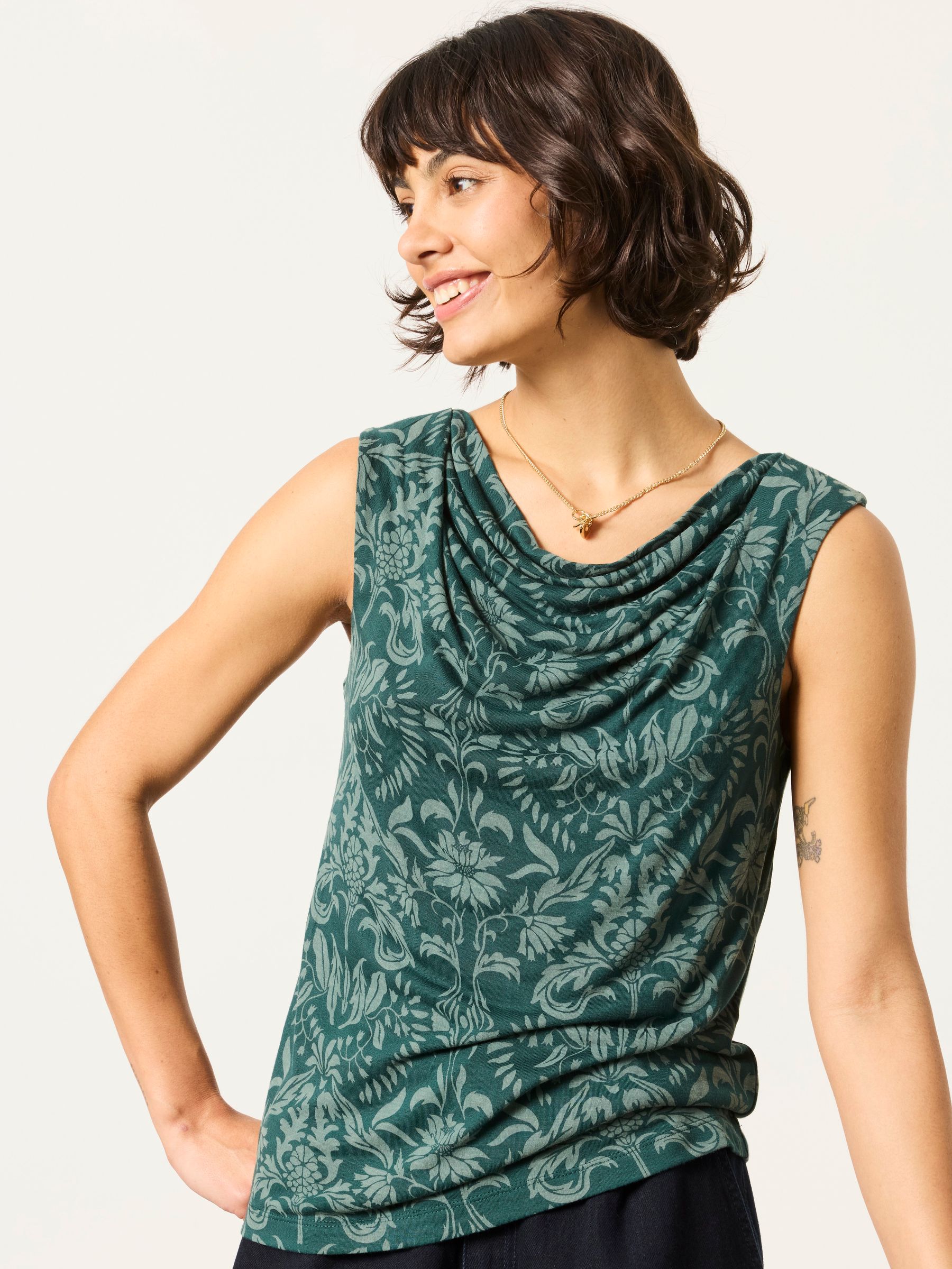 Lola Teal Blue Damask Sleeveless Cowl Neck Top - Image 1 of 4