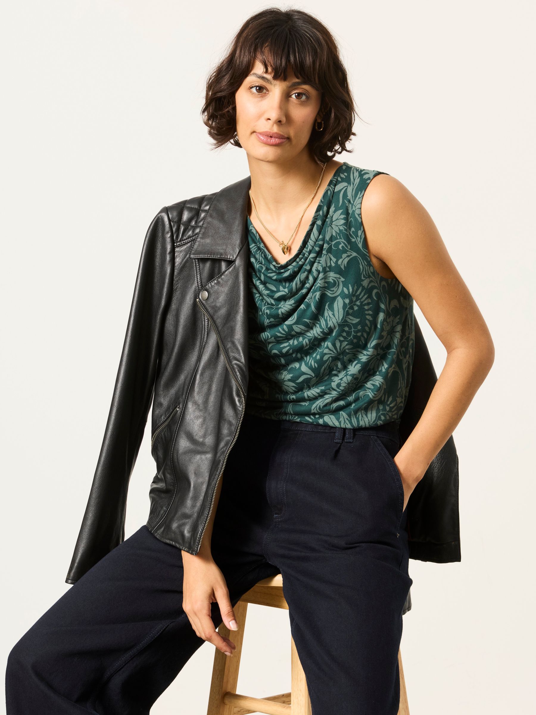 Lola Teal Blue Damask Sleeveless Cowl Neck Top - Image 3 of 4
