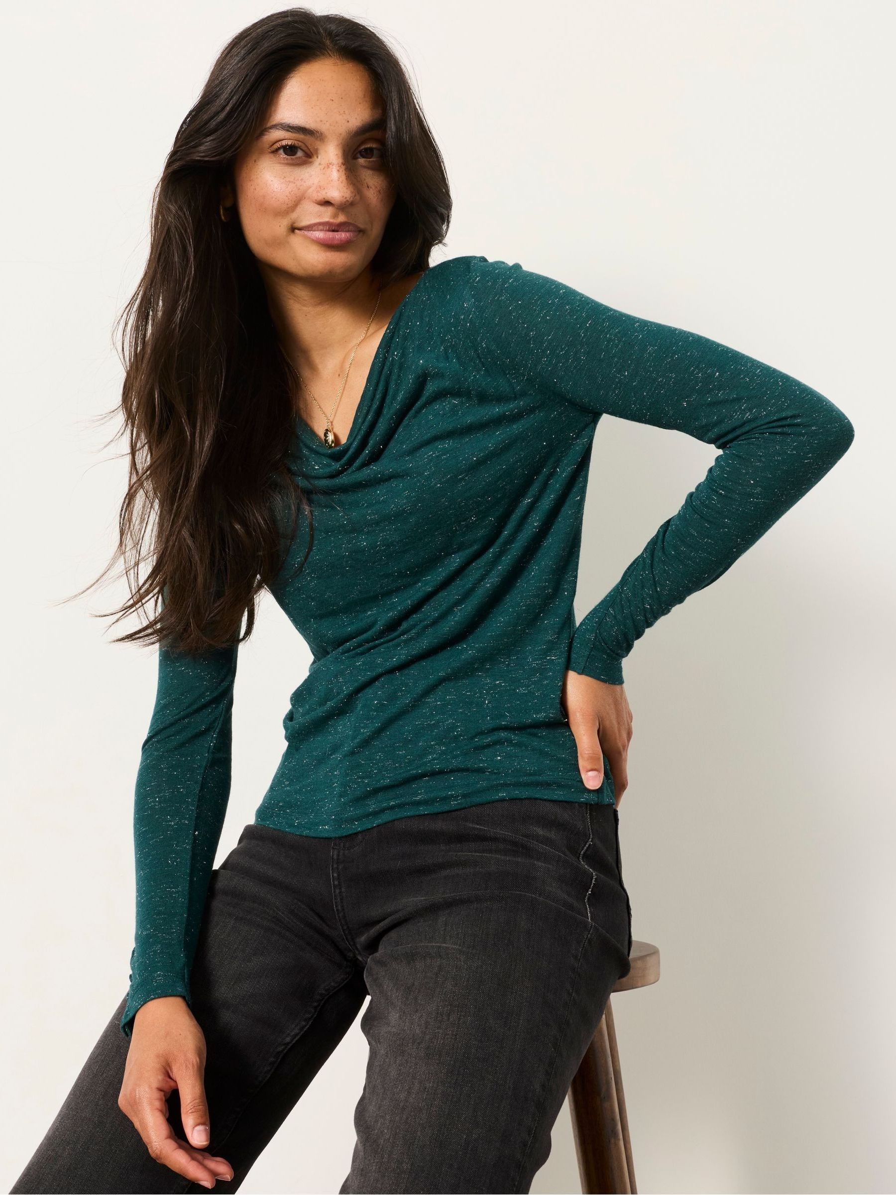 Lola Teal Blue Sparkle Cowl Neck Long Sleeve Top - Image 3 of 5