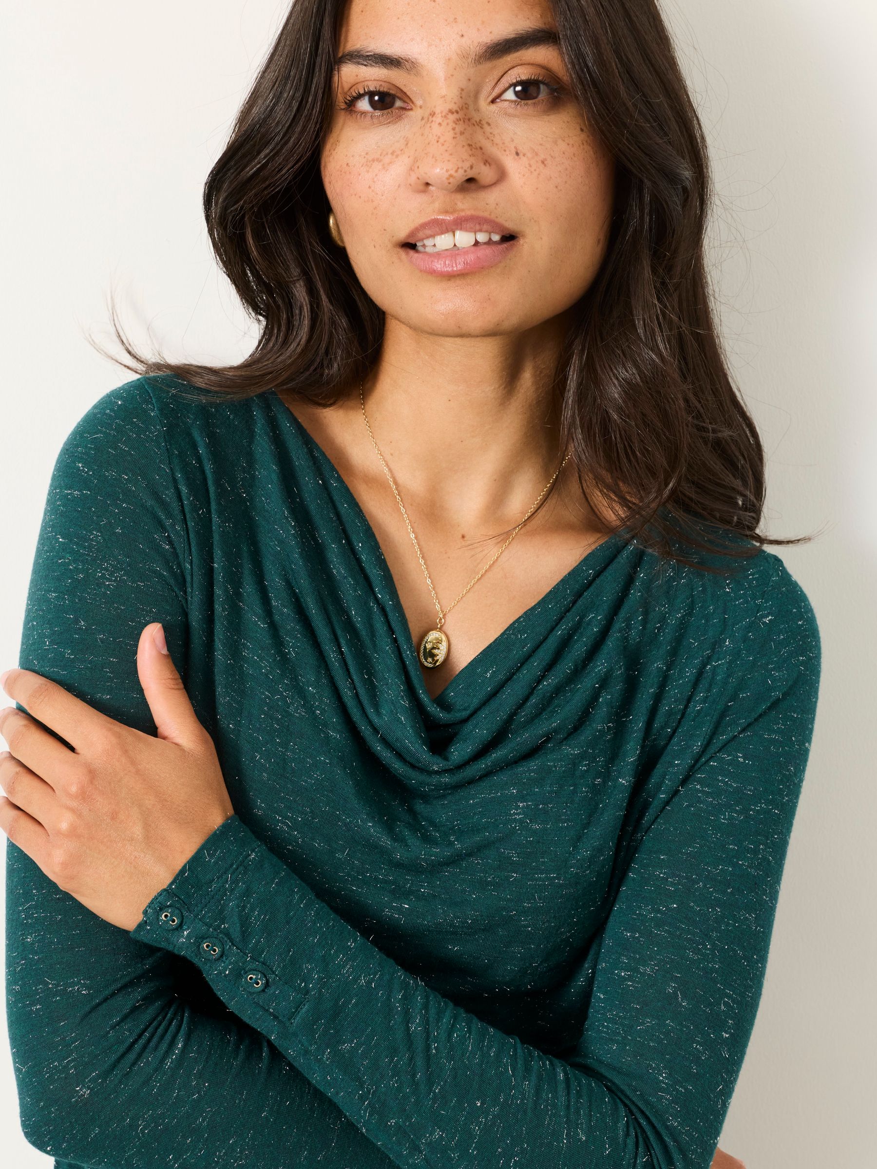 Lola Teal Blue Sparkle Cowl Neck Long Sleeve Top - Image 4 of 5