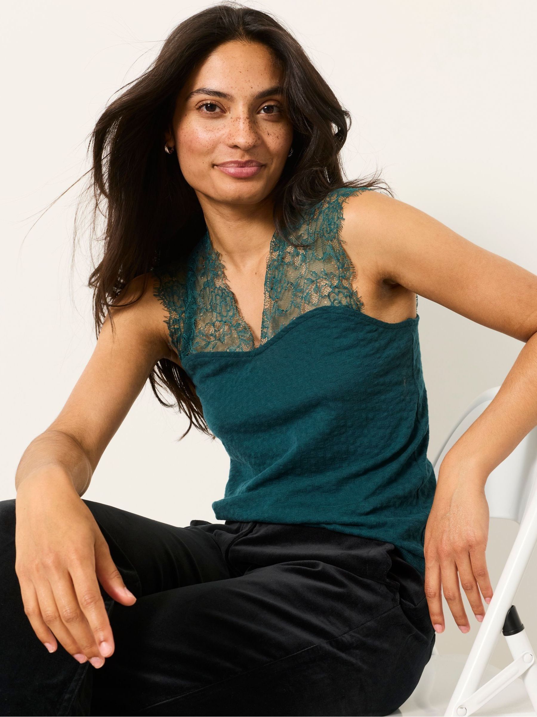 Lexi Teal Blue Lace Shoulder Sleeveless Top - Image 5 of 6