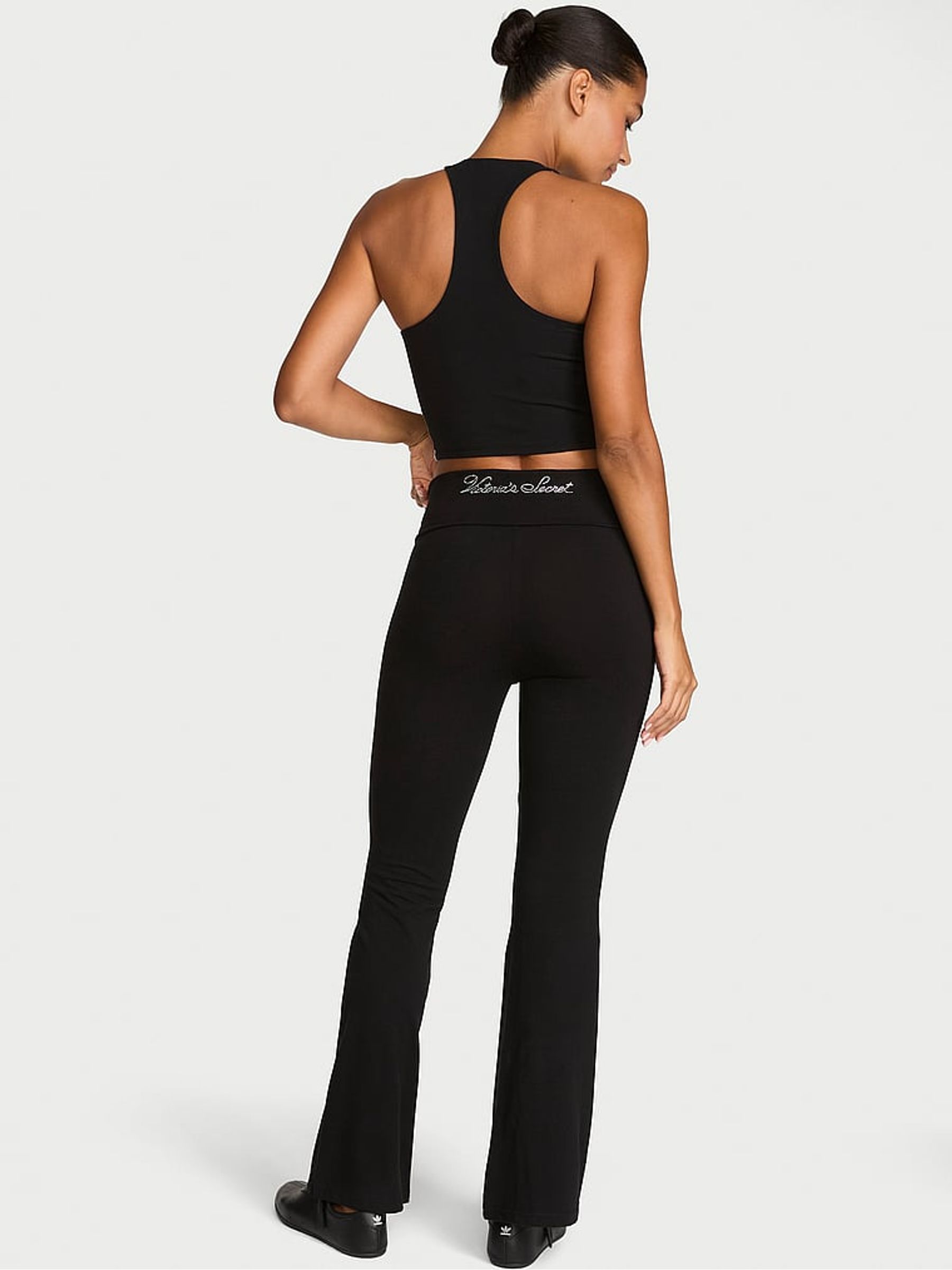 Black Logo Cotton Foldover Flare Leggings - Image 2 of 2 Black Logo Cotton Foldover Flare Leggings - Image 2 of 2