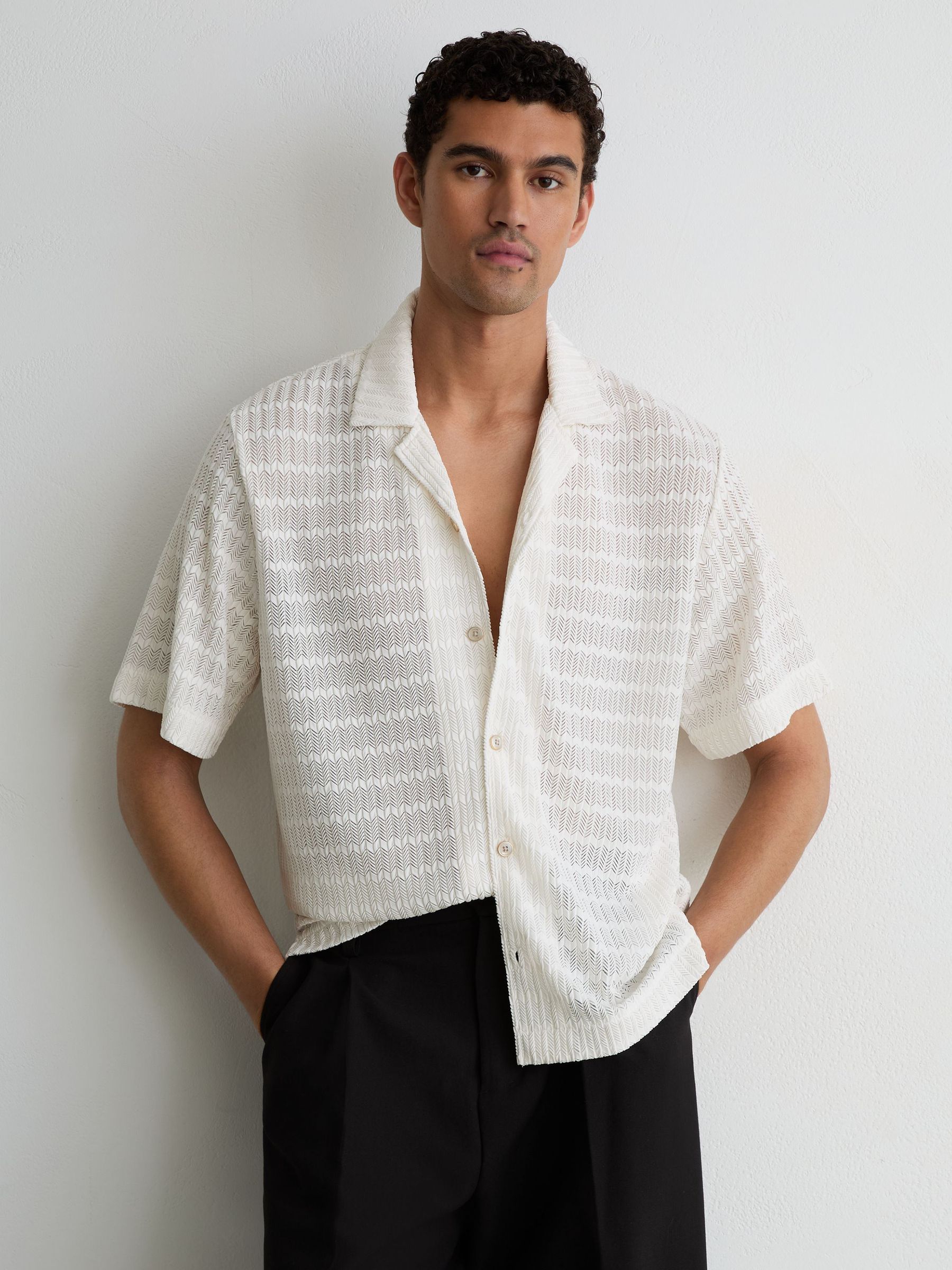 Chevron-Crochet Cuban-Collar Shirt in Off White - Image 1 of 6 Chevron-Crochet Cuban-Collar Shirt in Off White - Image 1 of 6