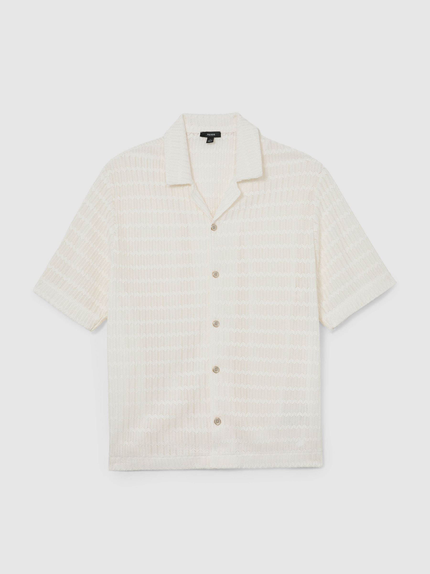 Chevron-Crochet Cuban-Collar Shirt in Off White - Image 2 of 6 Chevron-Crochet Cuban-Collar Shirt in Off White - Image 2 of 6