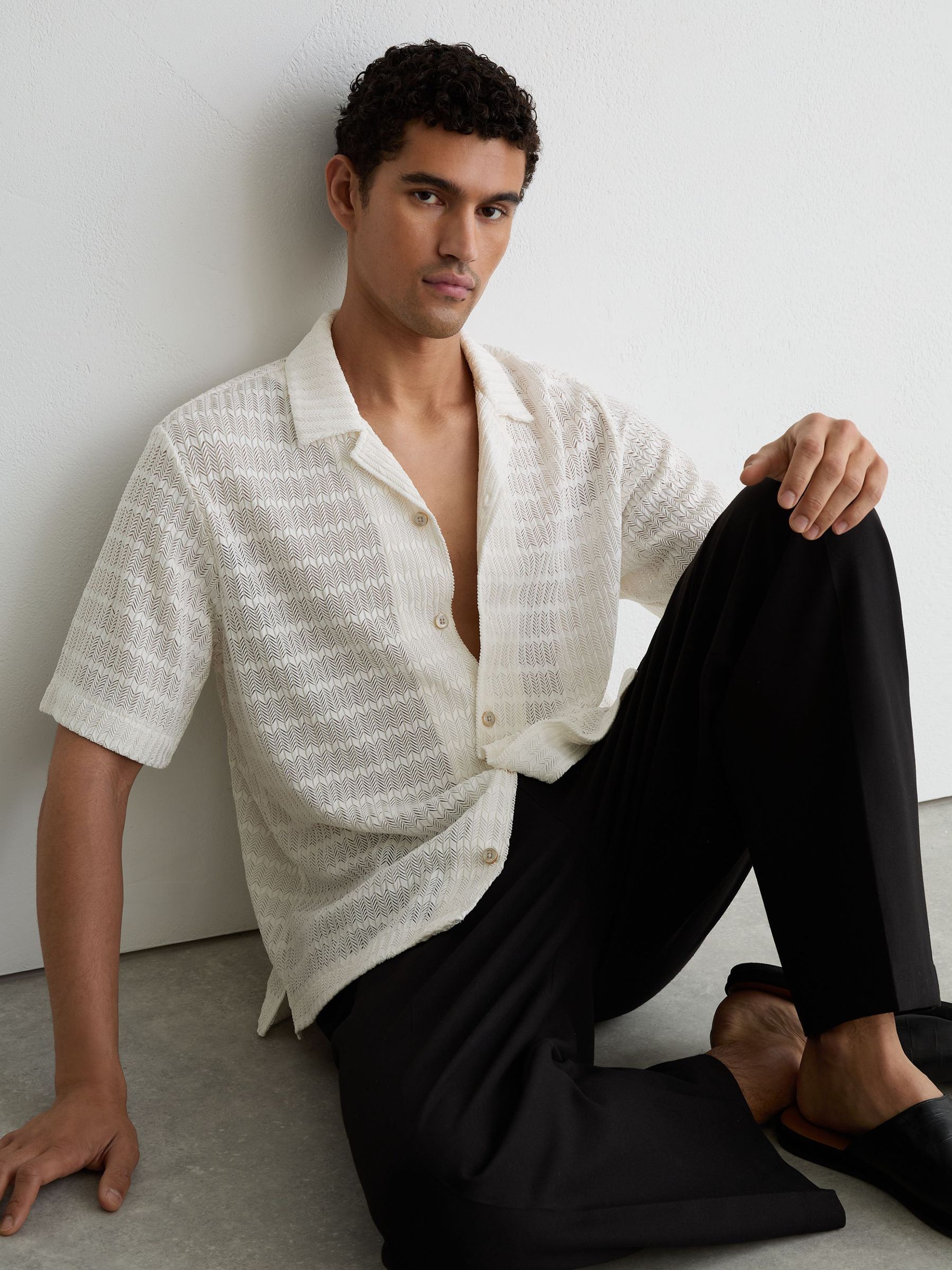 Chevron-Crochet Cuban-Collar Shirt in Off White - Image 3 of 6