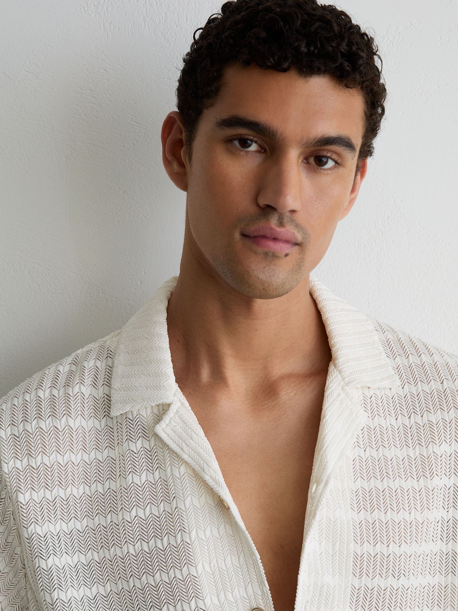 Chevron-Crochet Cuban-Collar Shirt in Off White - Image 4 of 6