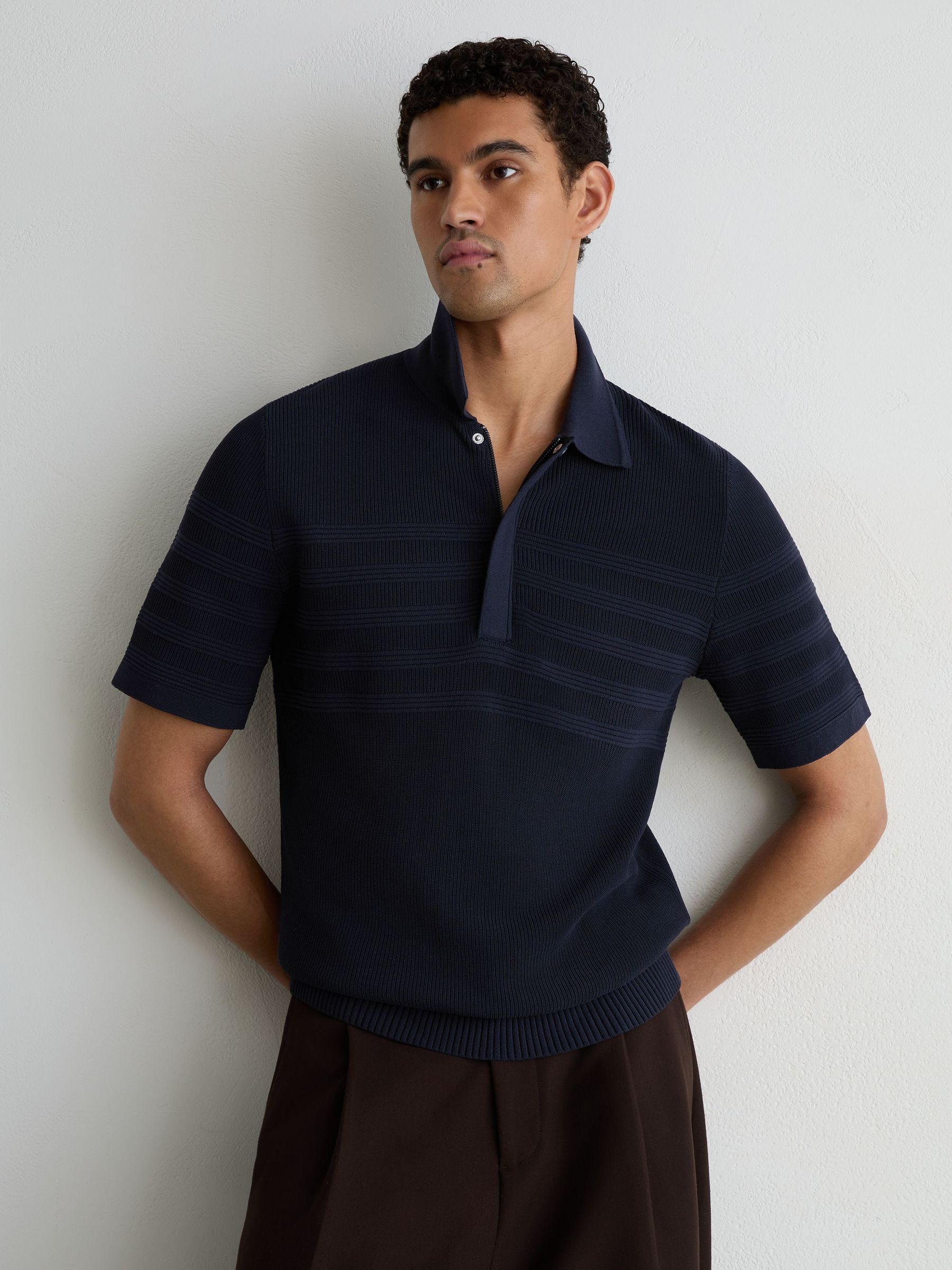 Cotton-Blend Textured-Knit Half-Zip Polo in Navy - Image 1 of 6
