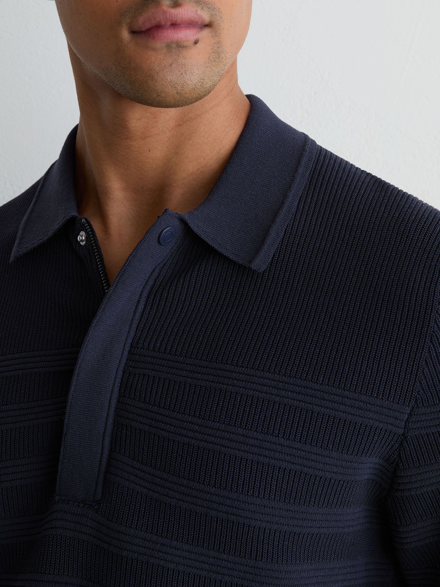 Cotton-Blend Textured-Knit Half-Zip Polo in Navy - Image 3 of 6