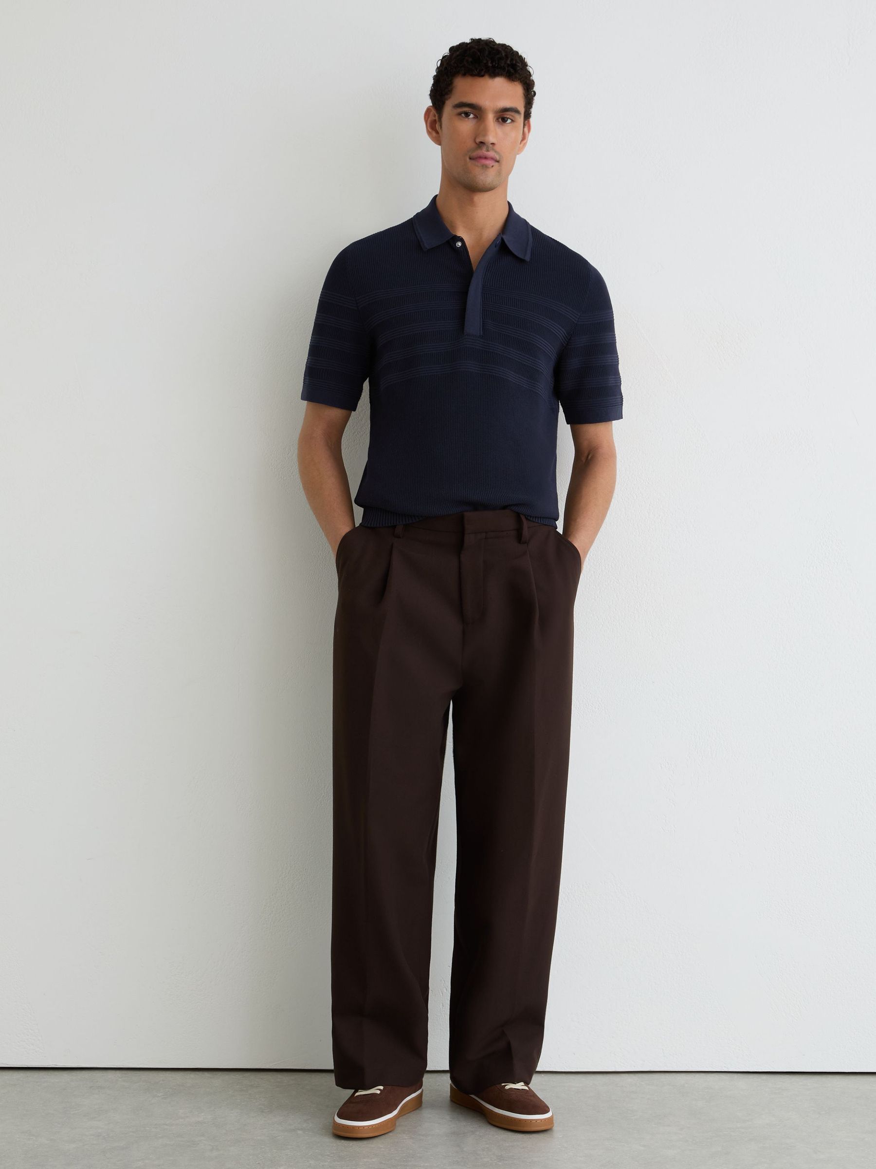 Cotton-Blend Textured-Knit Half-Zip Polo in Navy - Image 4 of 6
