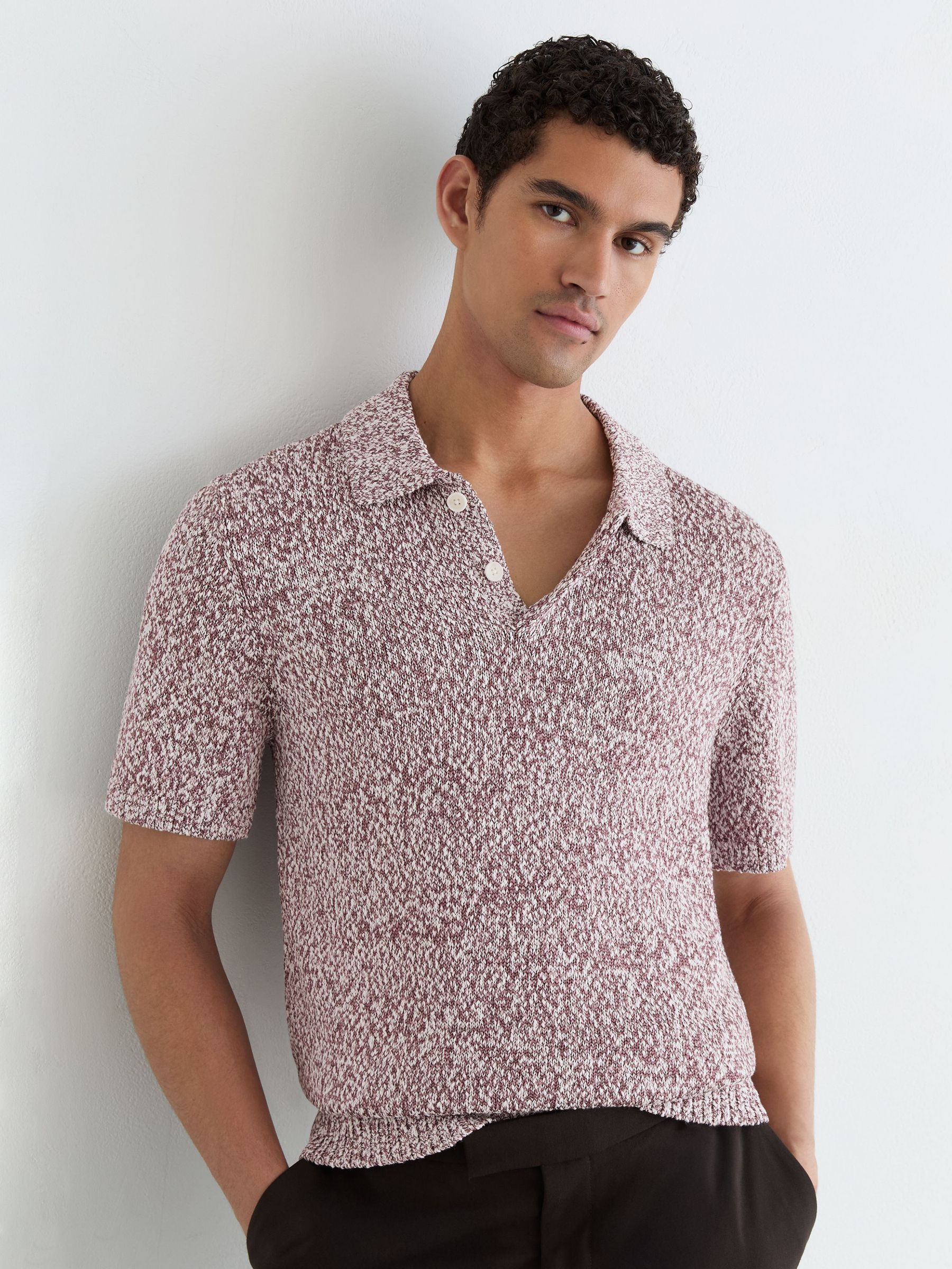 Cotton-Blend Half-Button Marled Polo Shirt in Bordeaux/Ecru - Image 1 of 7