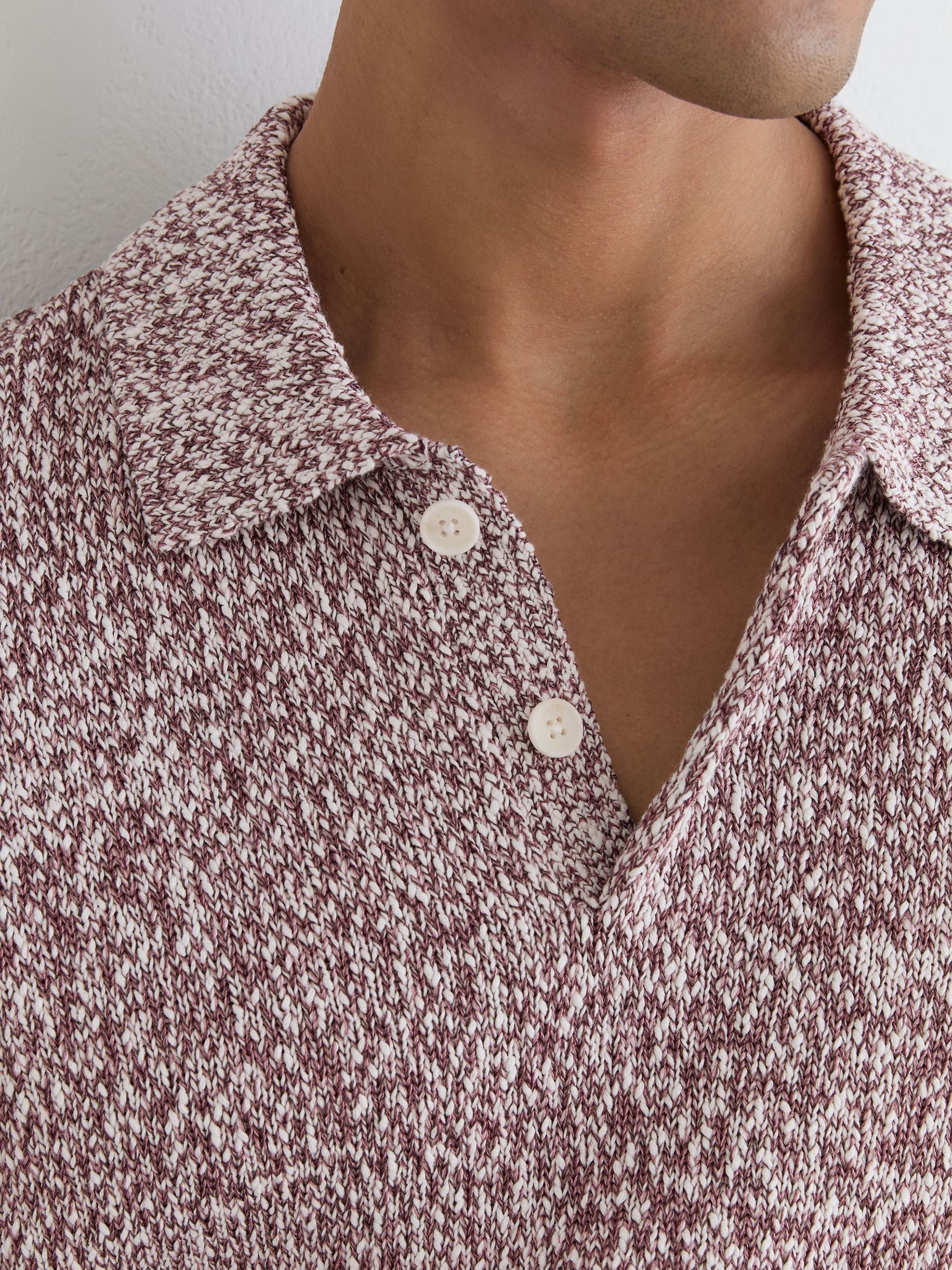 Cotton-Blend Half-Button Marled Polo Shirt in Bordeaux/Ecru - Image 4 of 7