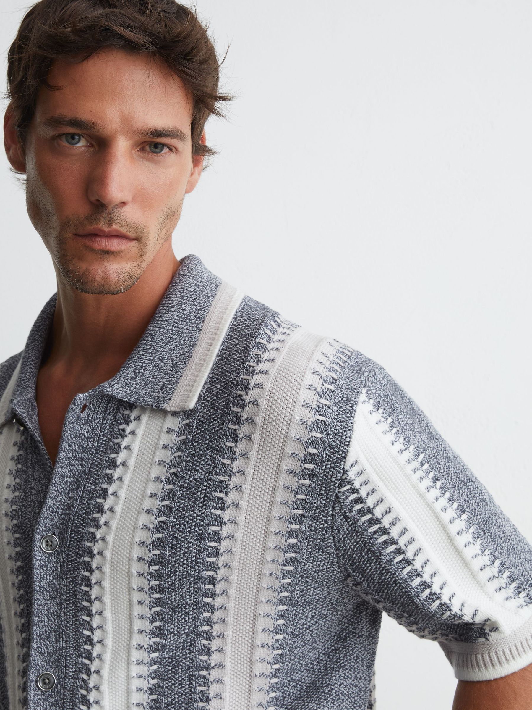 Stitch-Detail Stripe Knitted Shirt with Cotton in Soft Blue/White - Image 1 of 7