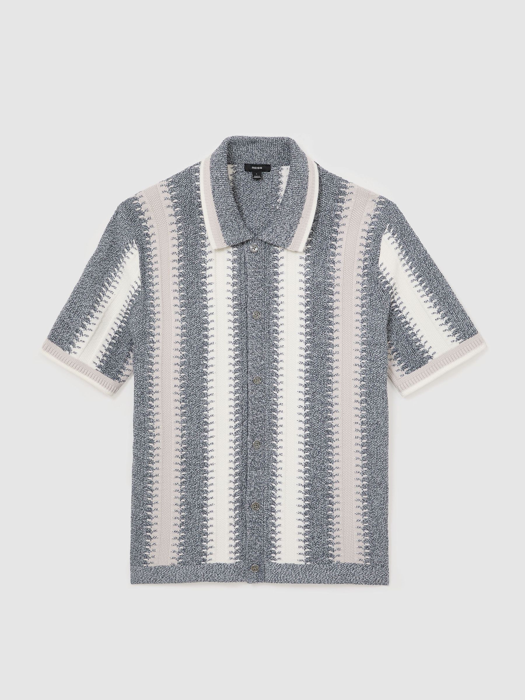 Stitch-Detail Stripe Knitted Shirt with Cotton in Soft Blue/White - Image 2 of 7 Stitch-Detail Stripe Knitted Shirt with Cotton in Soft Blue/White - Image 2 of 7