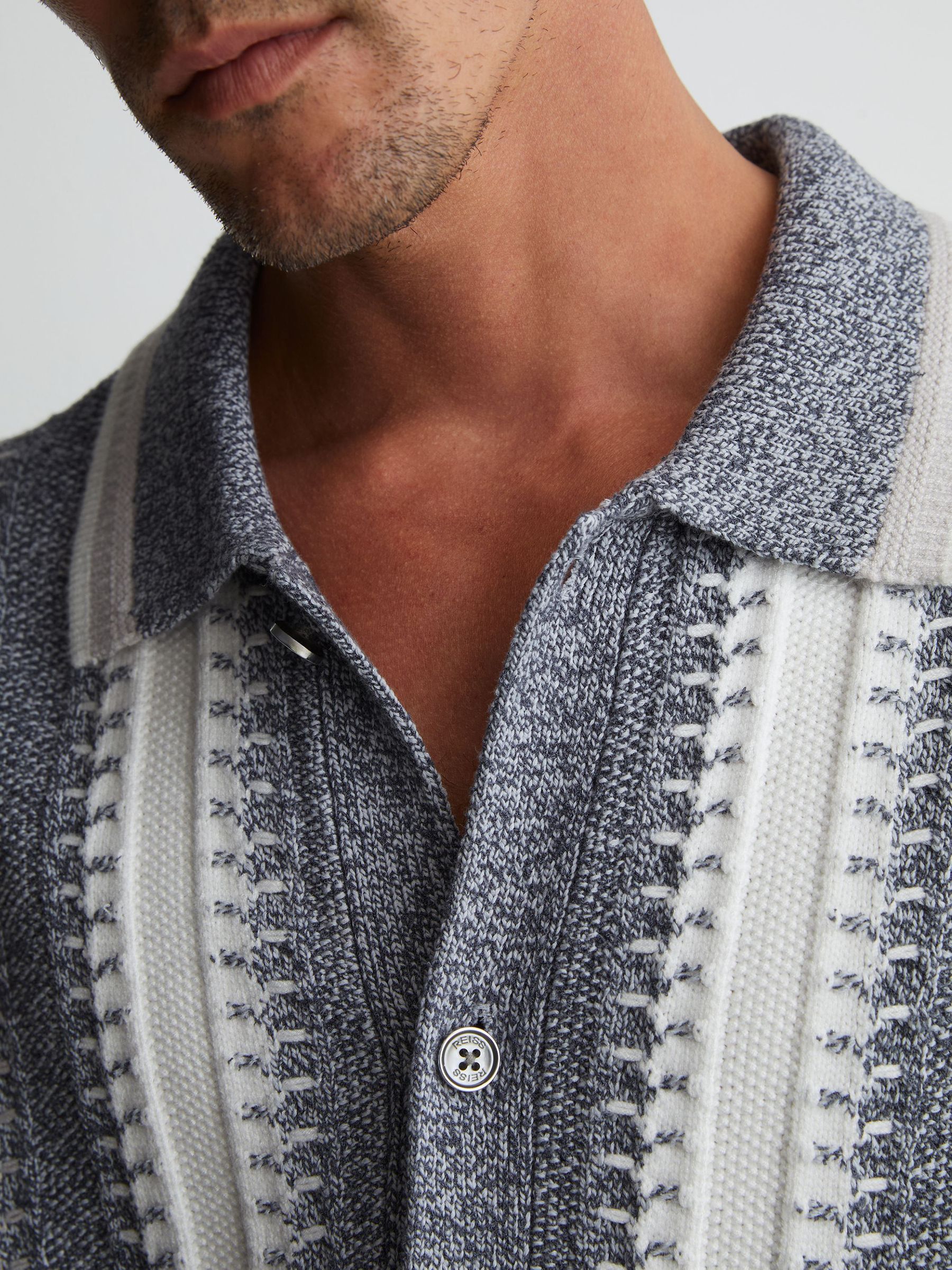 Stitch-Detail Stripe Knitted Shirt with Cotton in Soft Blue/White - Image 4 of 7