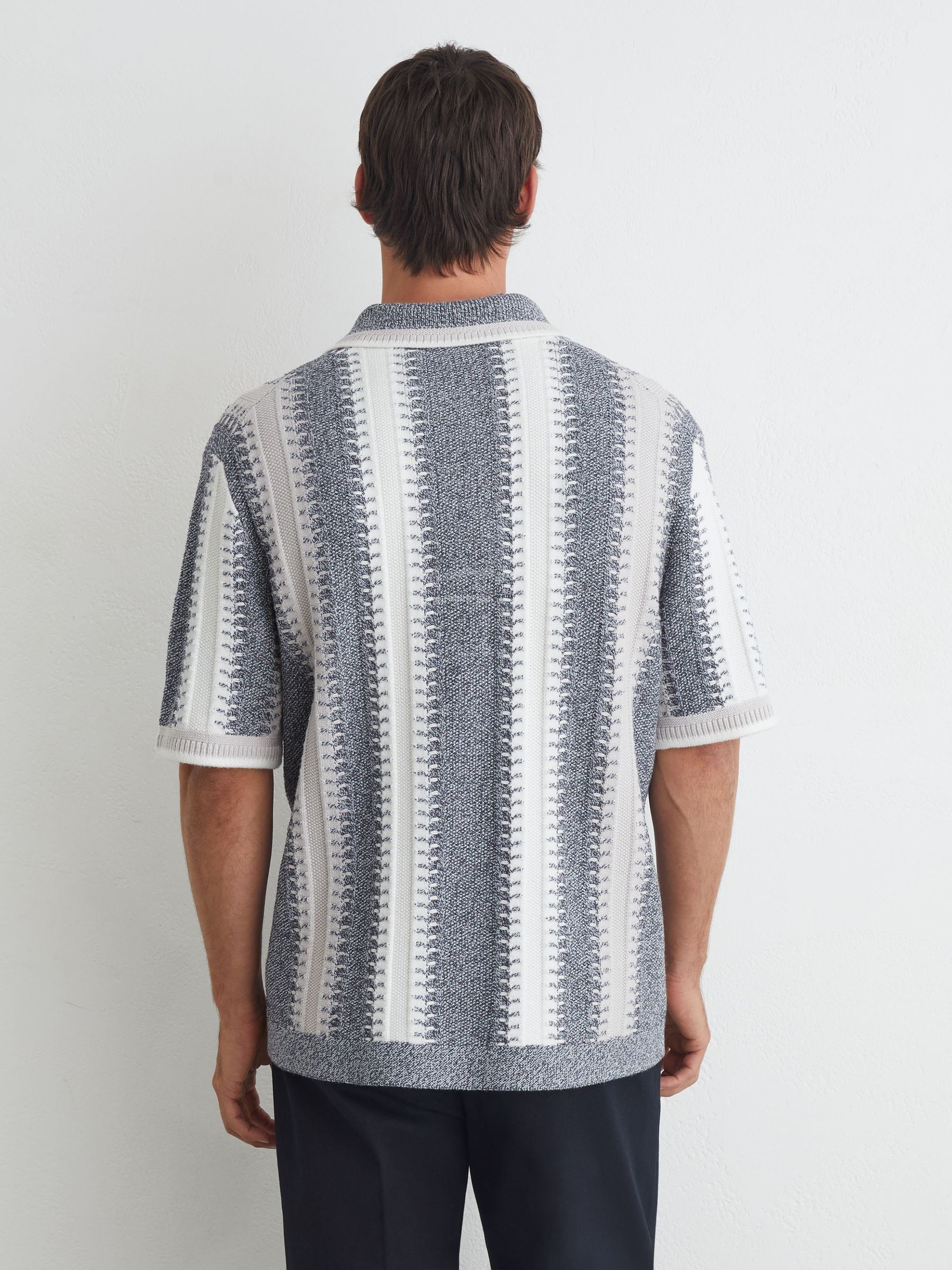 Stitch-Detail Stripe Knitted Shirt with Cotton in Soft Blue/White - Image 6 of 7