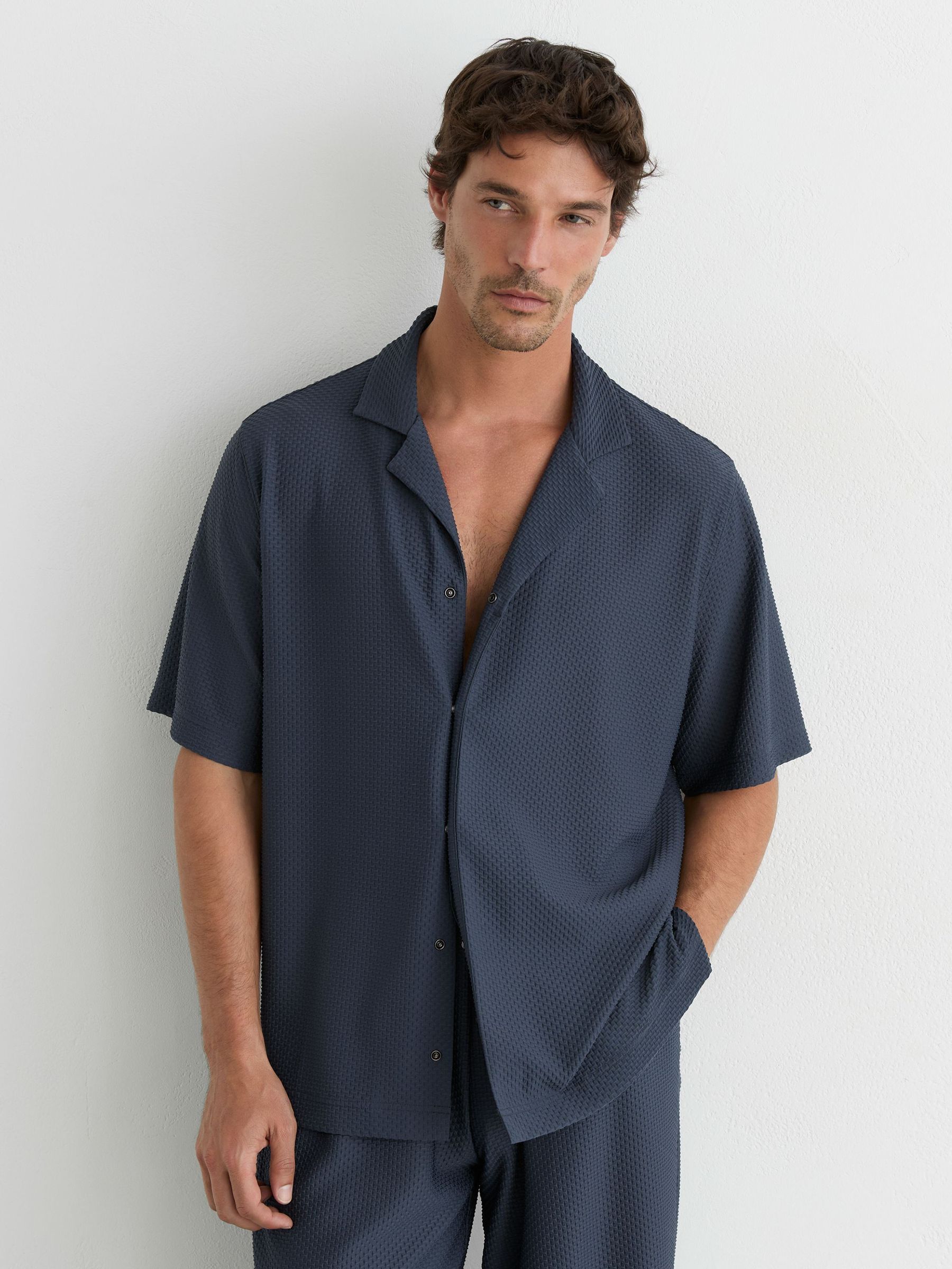 Textured Cuban-Collar Short-Sleeve Shirt in Airforce Blue - Image 1 of 7 Textured Cuban-Collar Short-Sleeve Shirt in Airforce Blue - Image 1 of 7