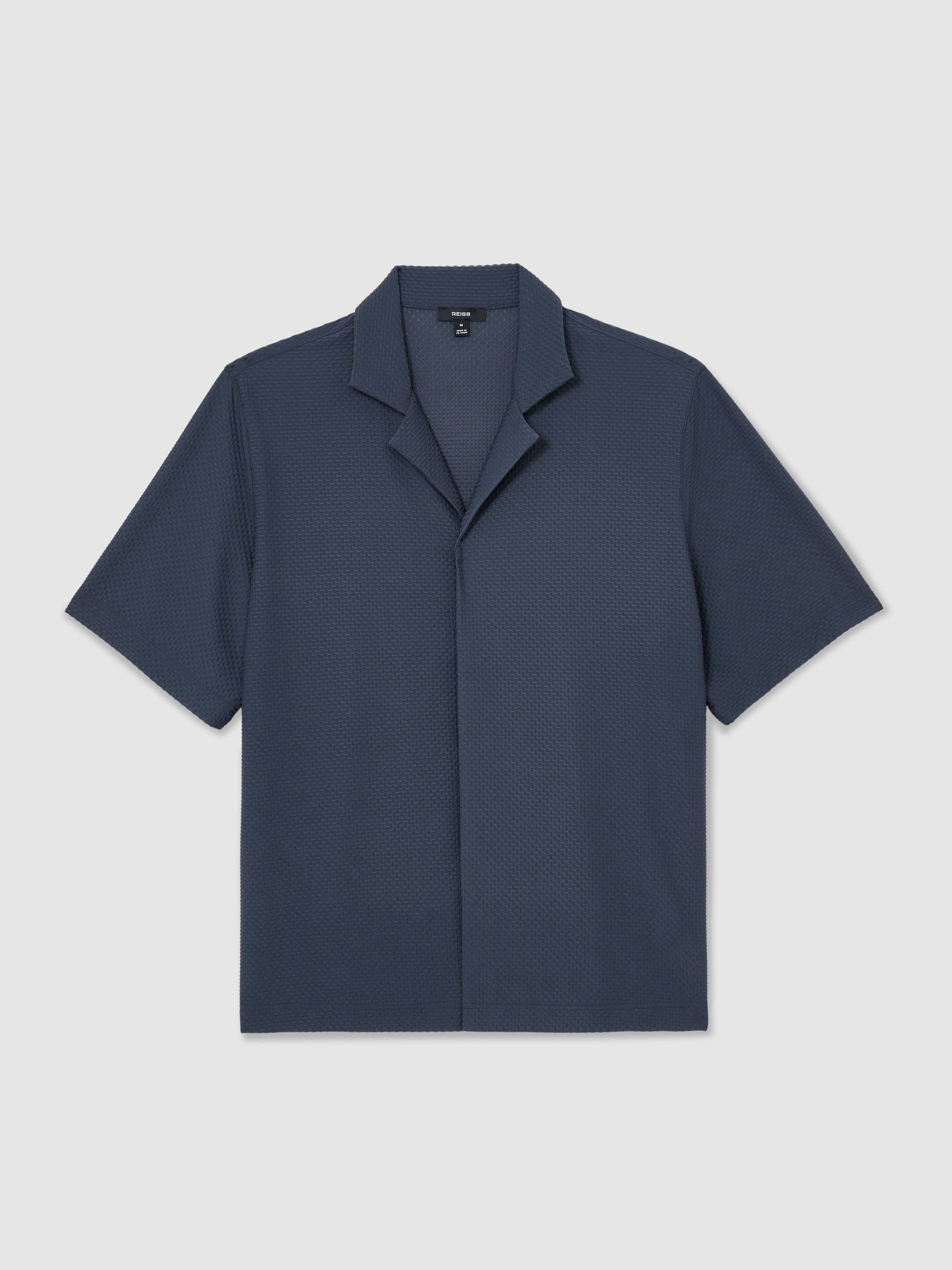 Textured Cuban-Collar Short-Sleeve Shirt in Airforce Blue - Image 2 of 7