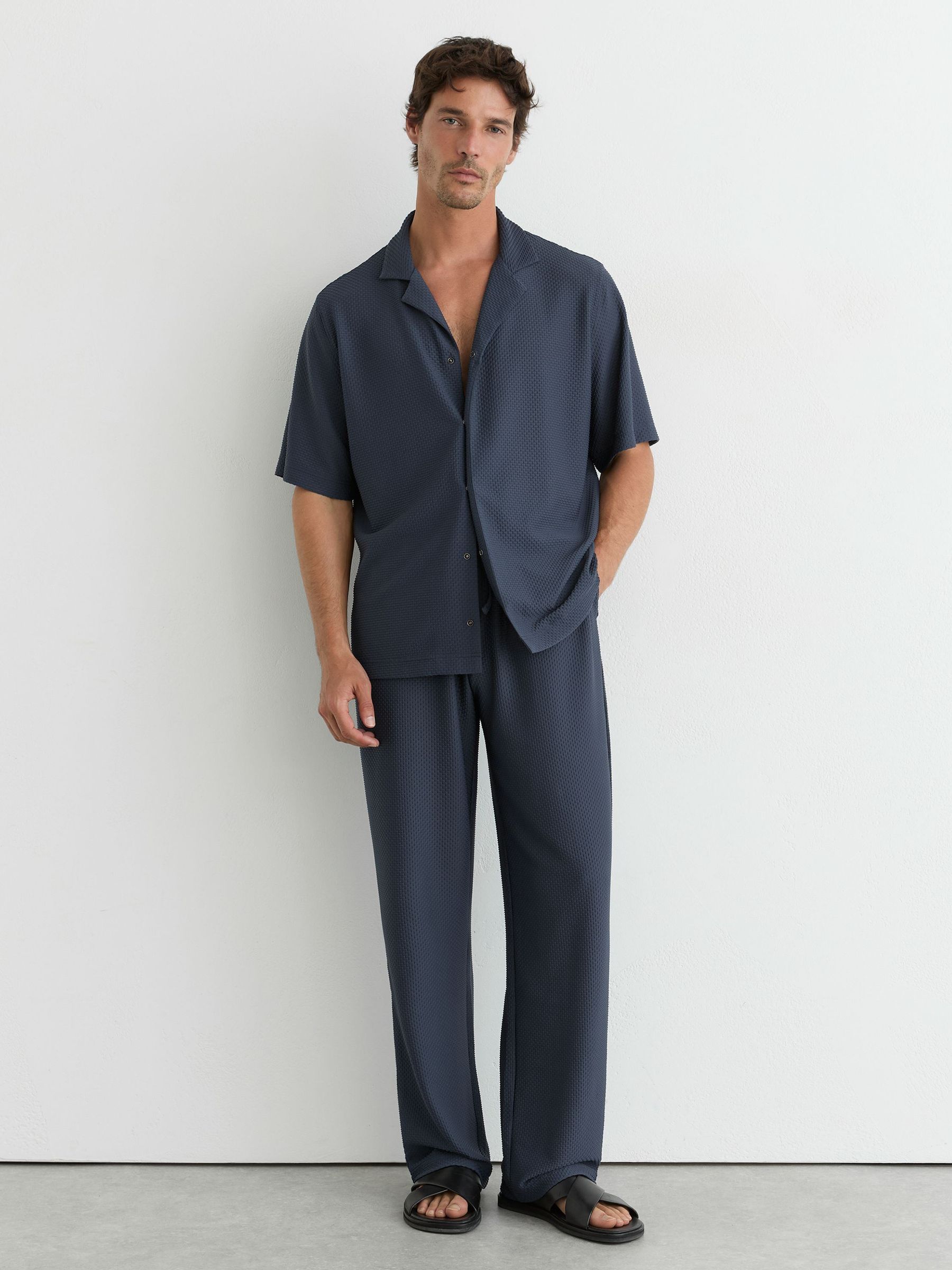 Textured Cuban-Collar Short-Sleeve Shirt in Airforce Blue - Image 4 of 7