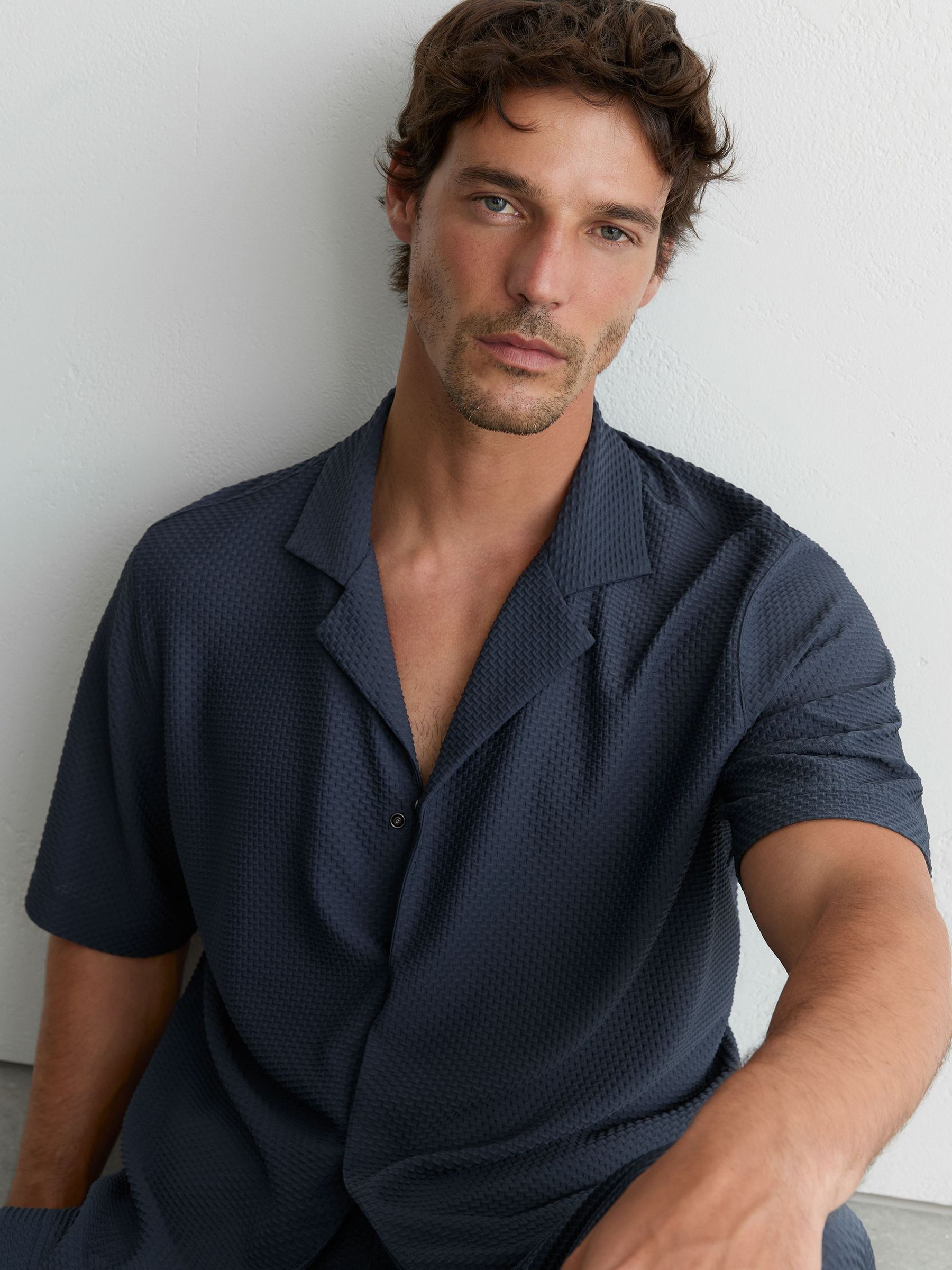Textured Cuban-Collar Short-Sleeve Shirt in Airforce Blue - Image 5 of 7