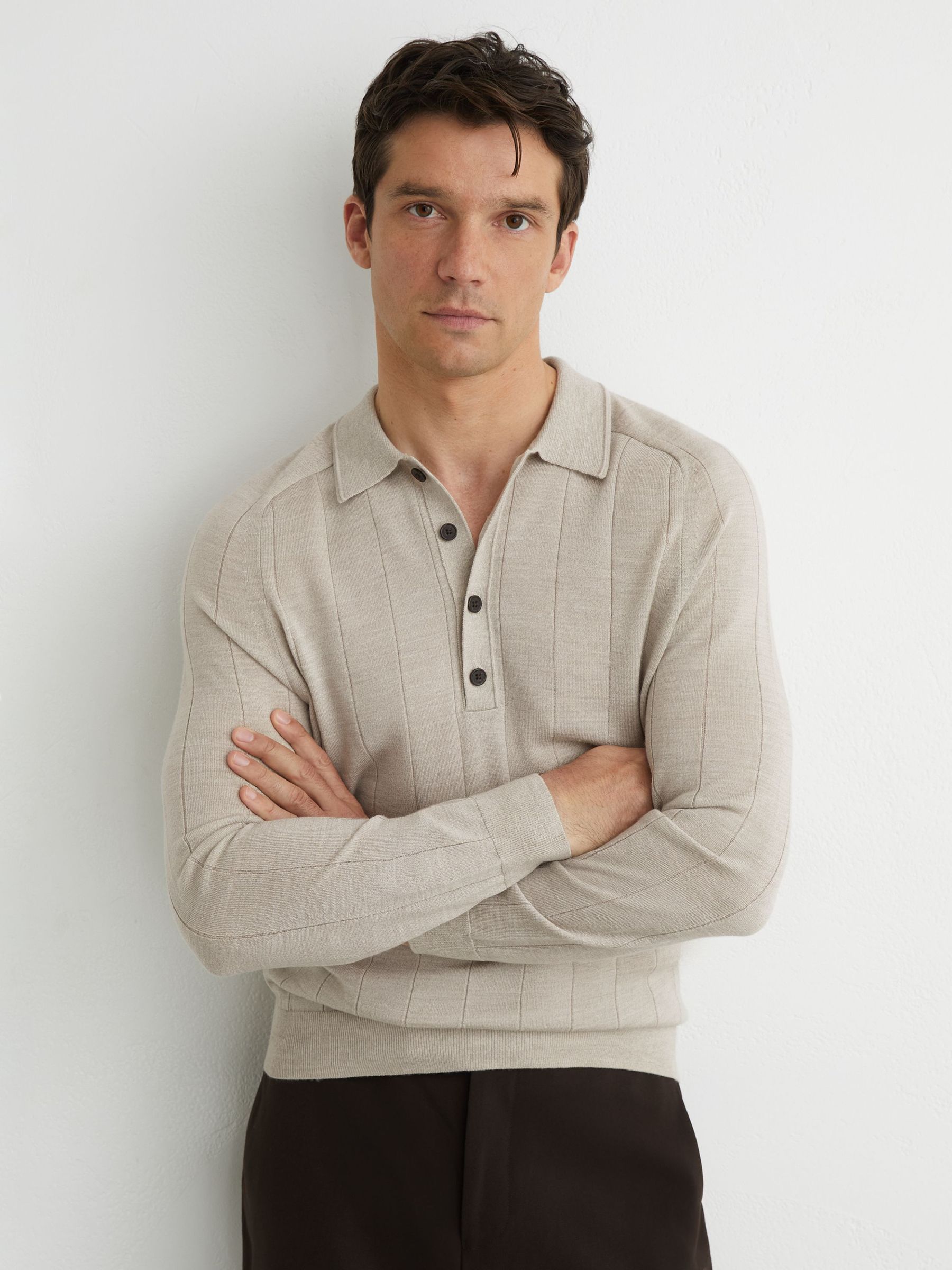 Merino Wool Wide-Rib Polo Jumper in Stone Mouline - Image 1 of 5