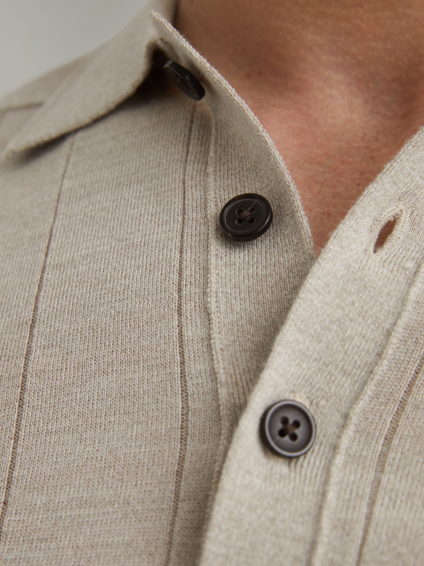 Merino Wool Wide-Rib Polo Jumper in Stone Mouline - Image 3 of 5