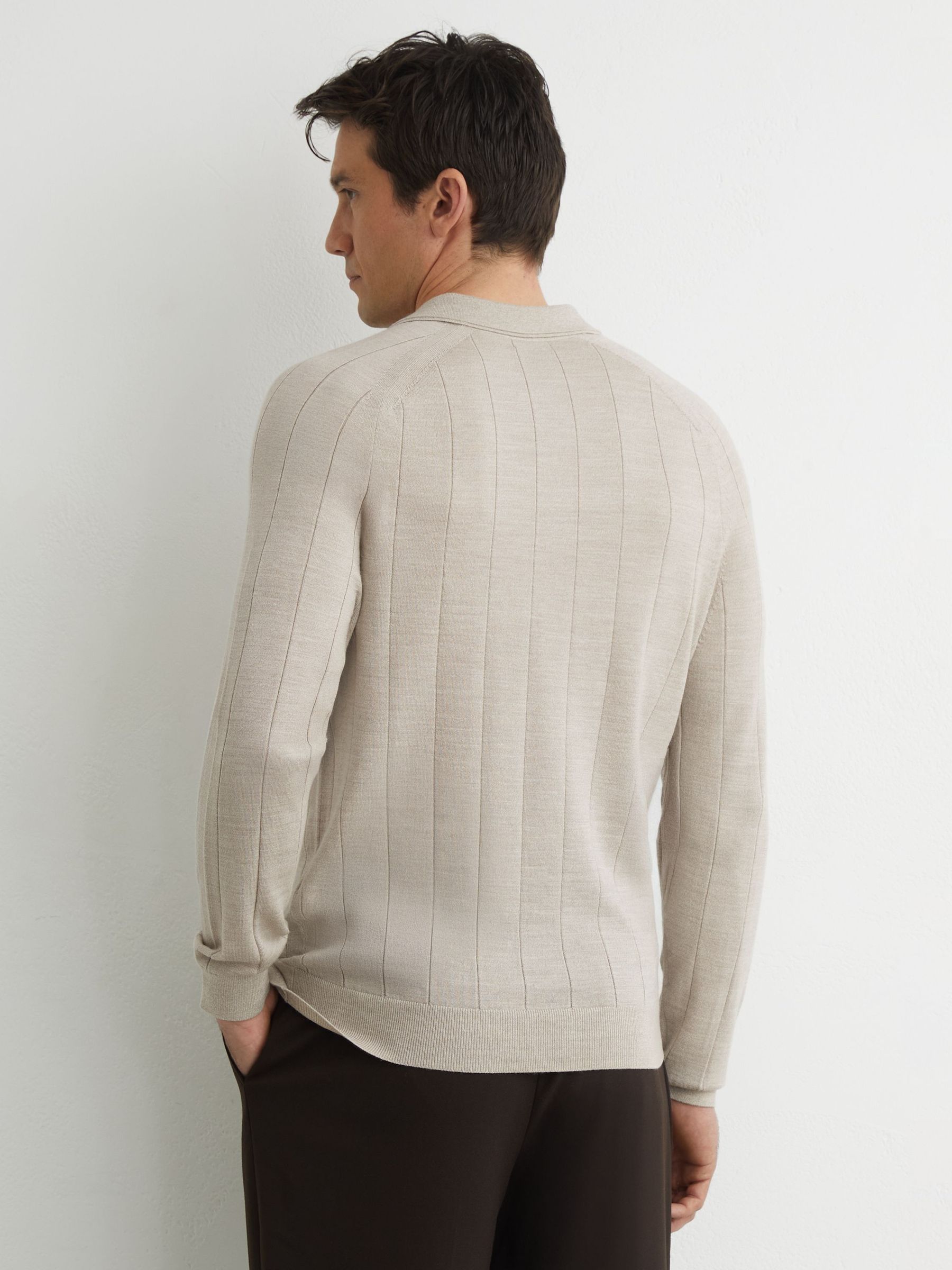 Merino Wool Wide-Rib Polo Jumper in Stone Mouline - Image 4 of 5