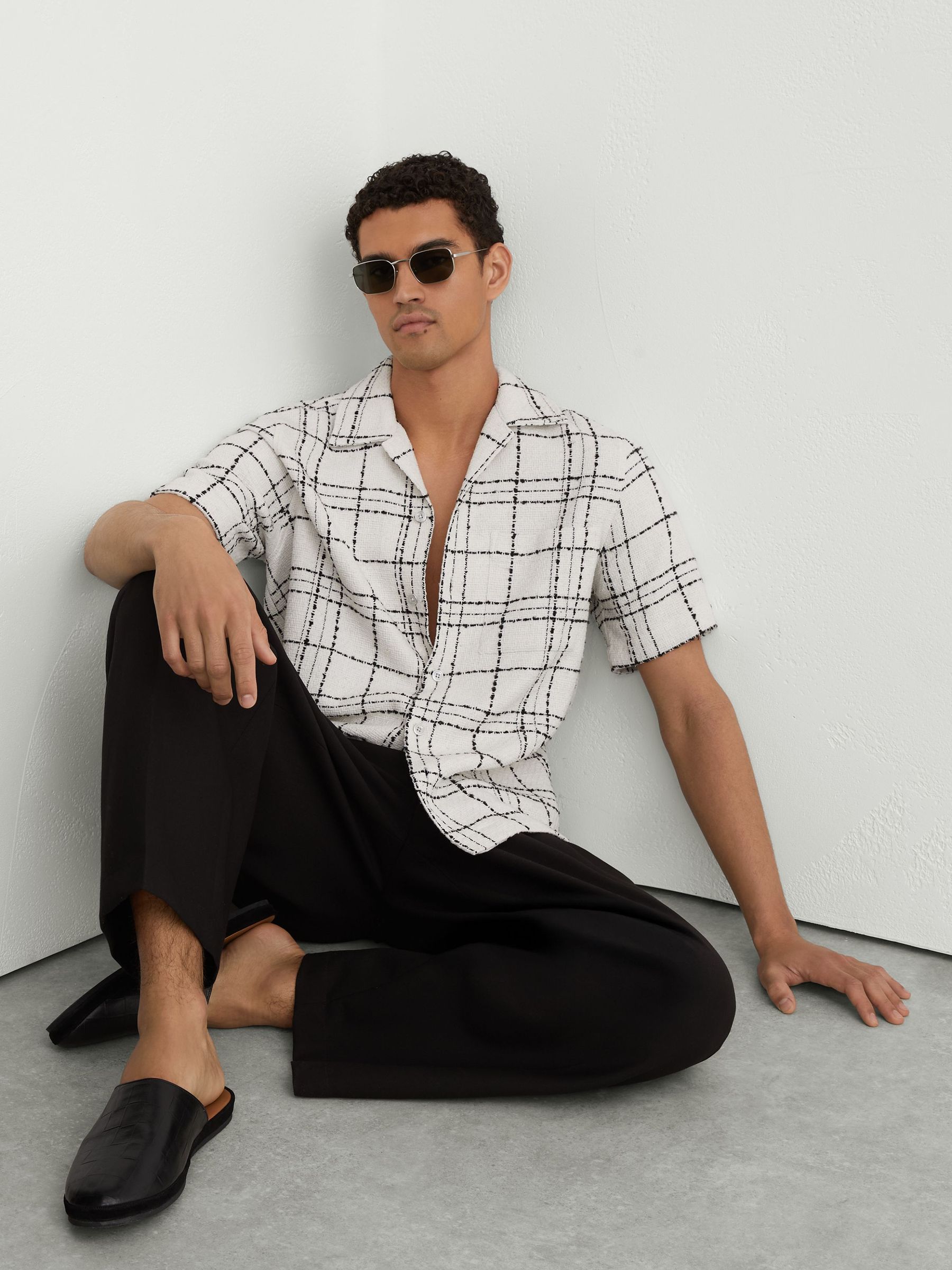 Textured Check Cuban-Collar Shirt with Cotton in White/Black - Image 1 of 6