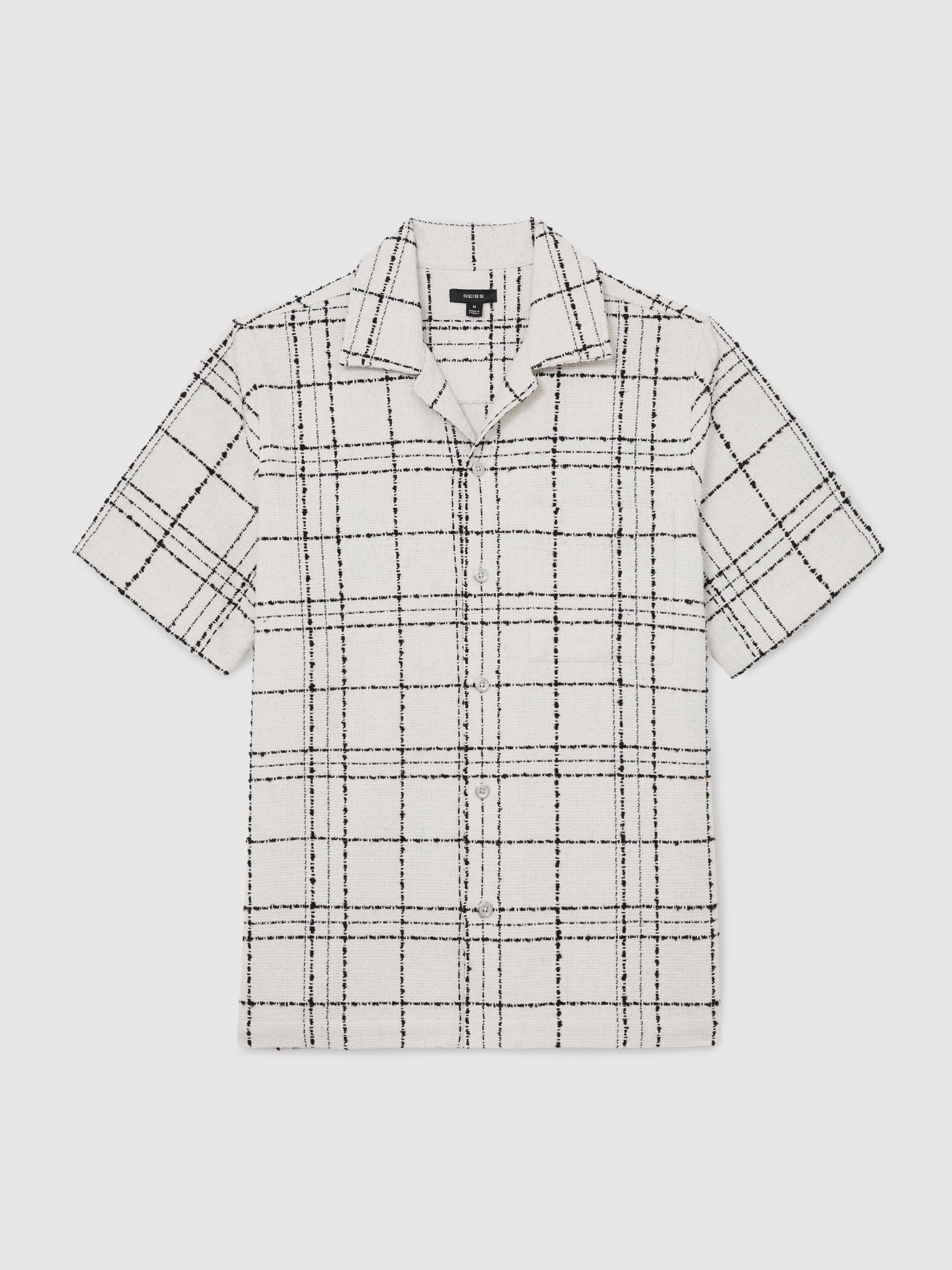 Textured Check Cuban-Collar Shirt with Cotton in White/Black - Image 2 of 6