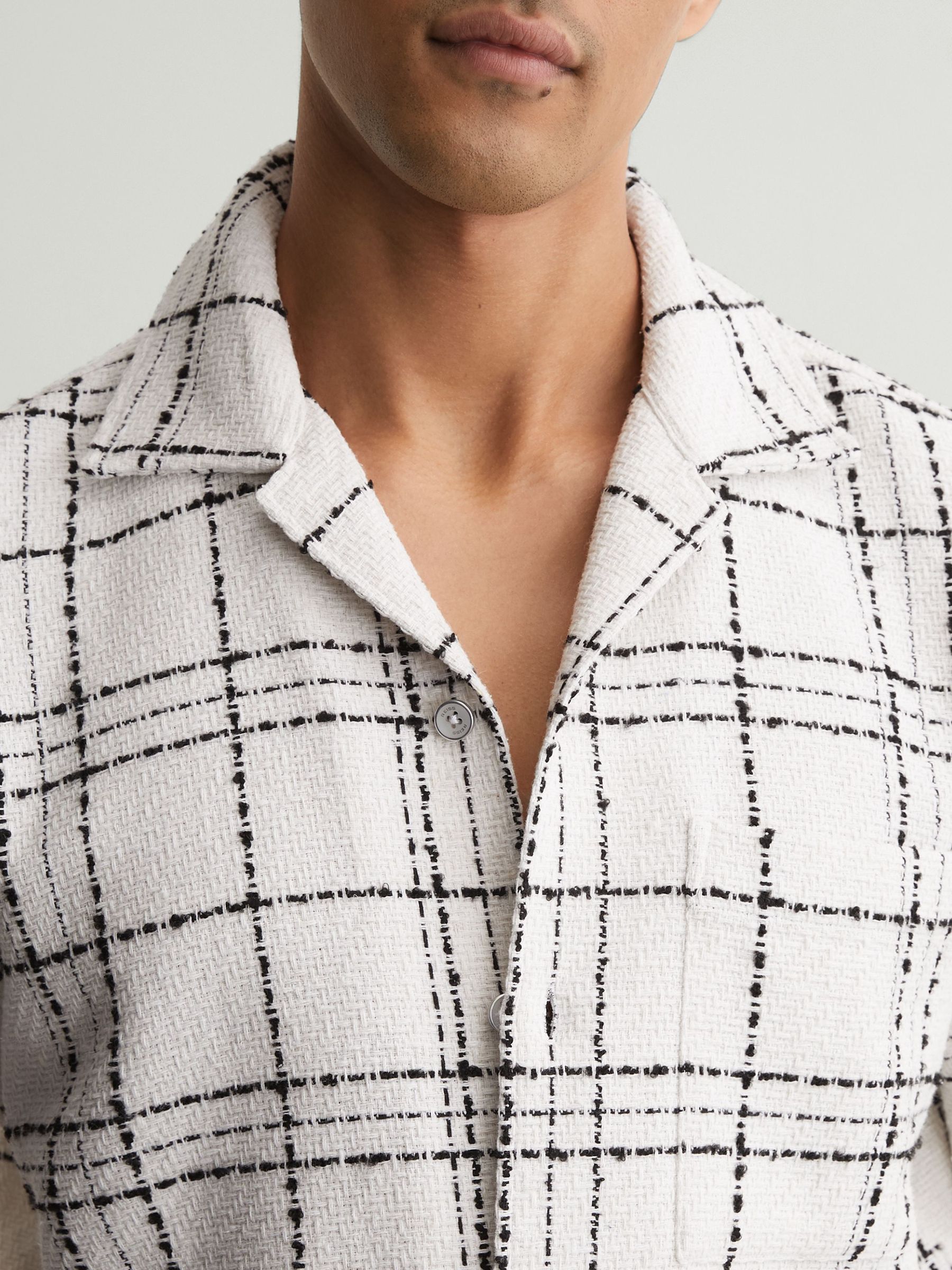 Textured Check Cuban-Collar Shirt with Cotton in White/Black - Image 3 of 6