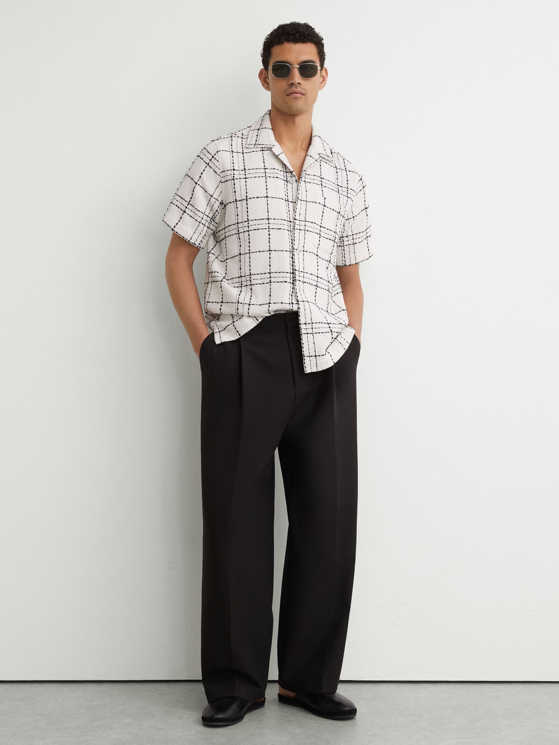 Textured Check Cuban-Collar Shirt with Cotton in White/Black - Image 4 of 6