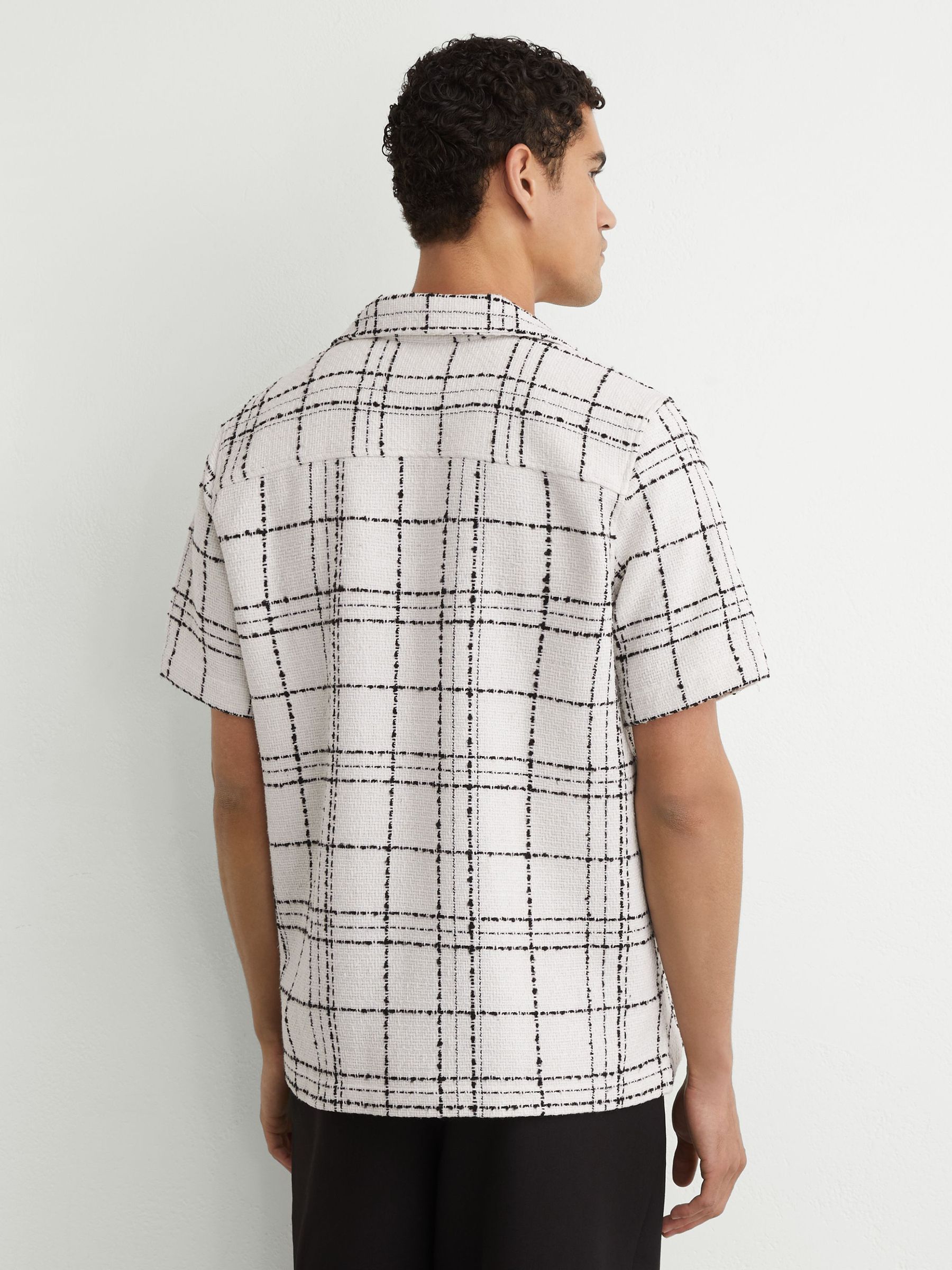 Textured Check Cuban-Collar Shirt with Cotton in White/Black - image 3