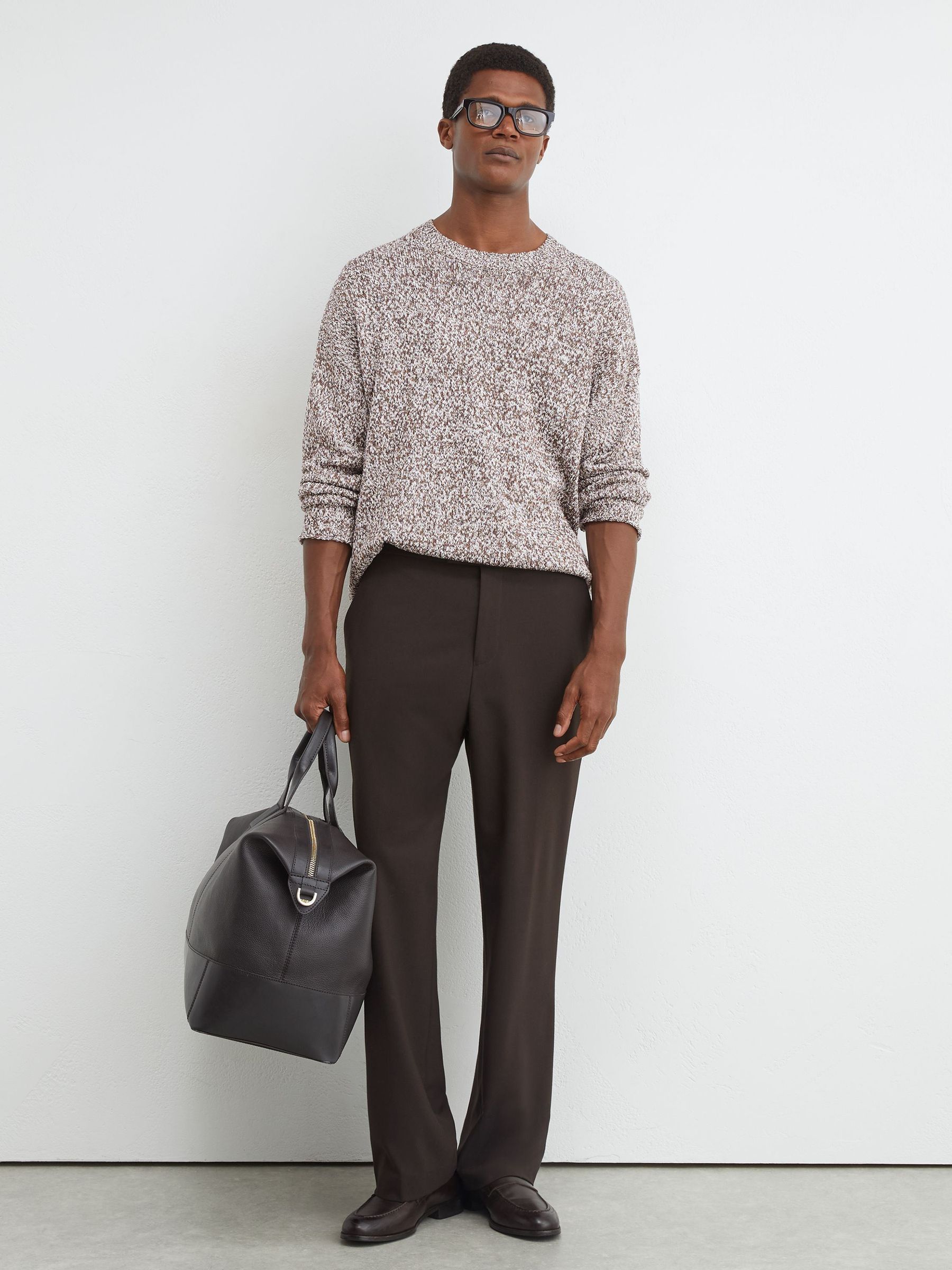 Cotton-Blend Marled Relaxed Jumper in White/Camel - Image 1 of 6