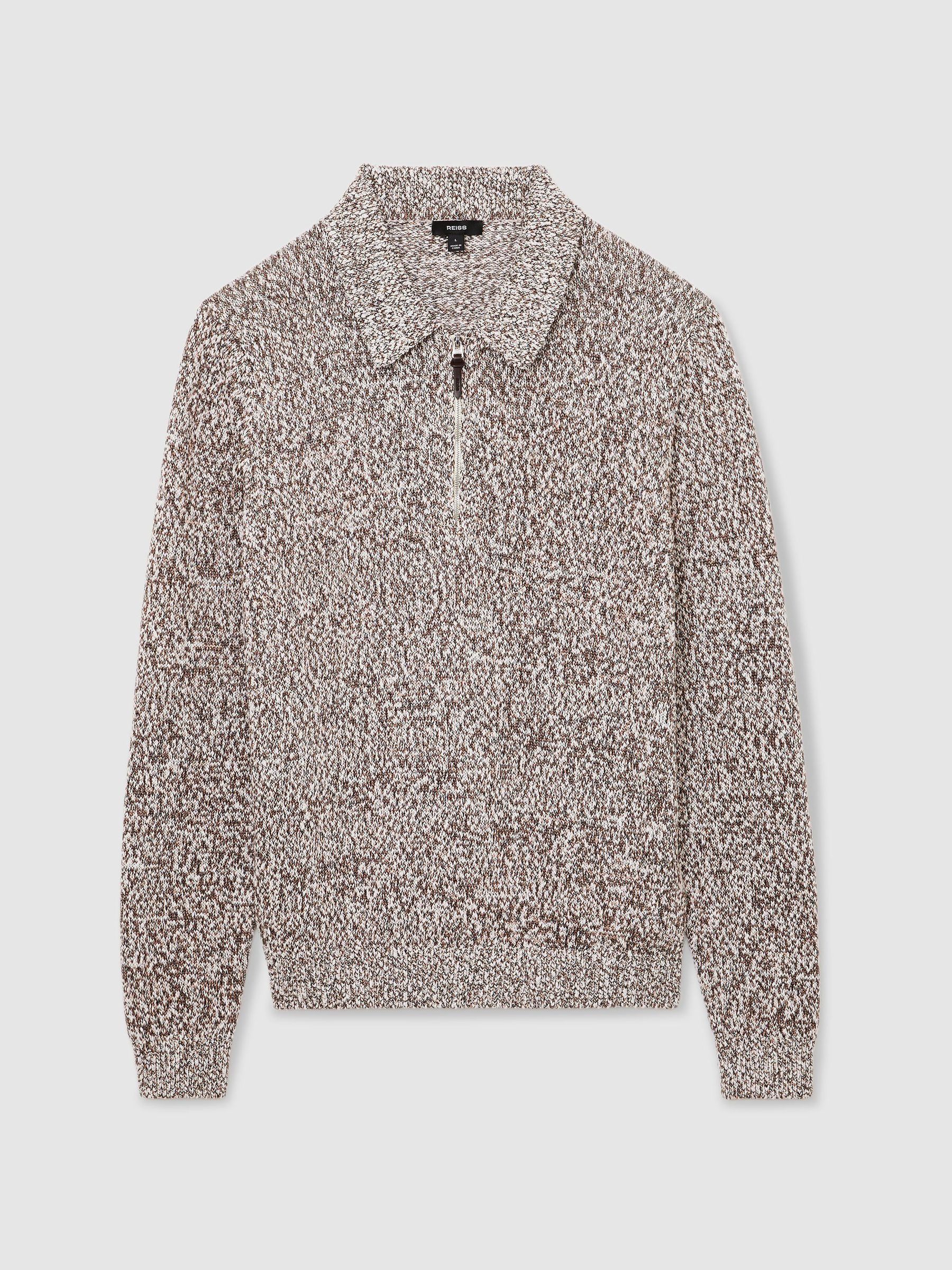 Cotton-Blend Marled Half-Zip Polo Jumper in White/Camel - Image 2 of 8
