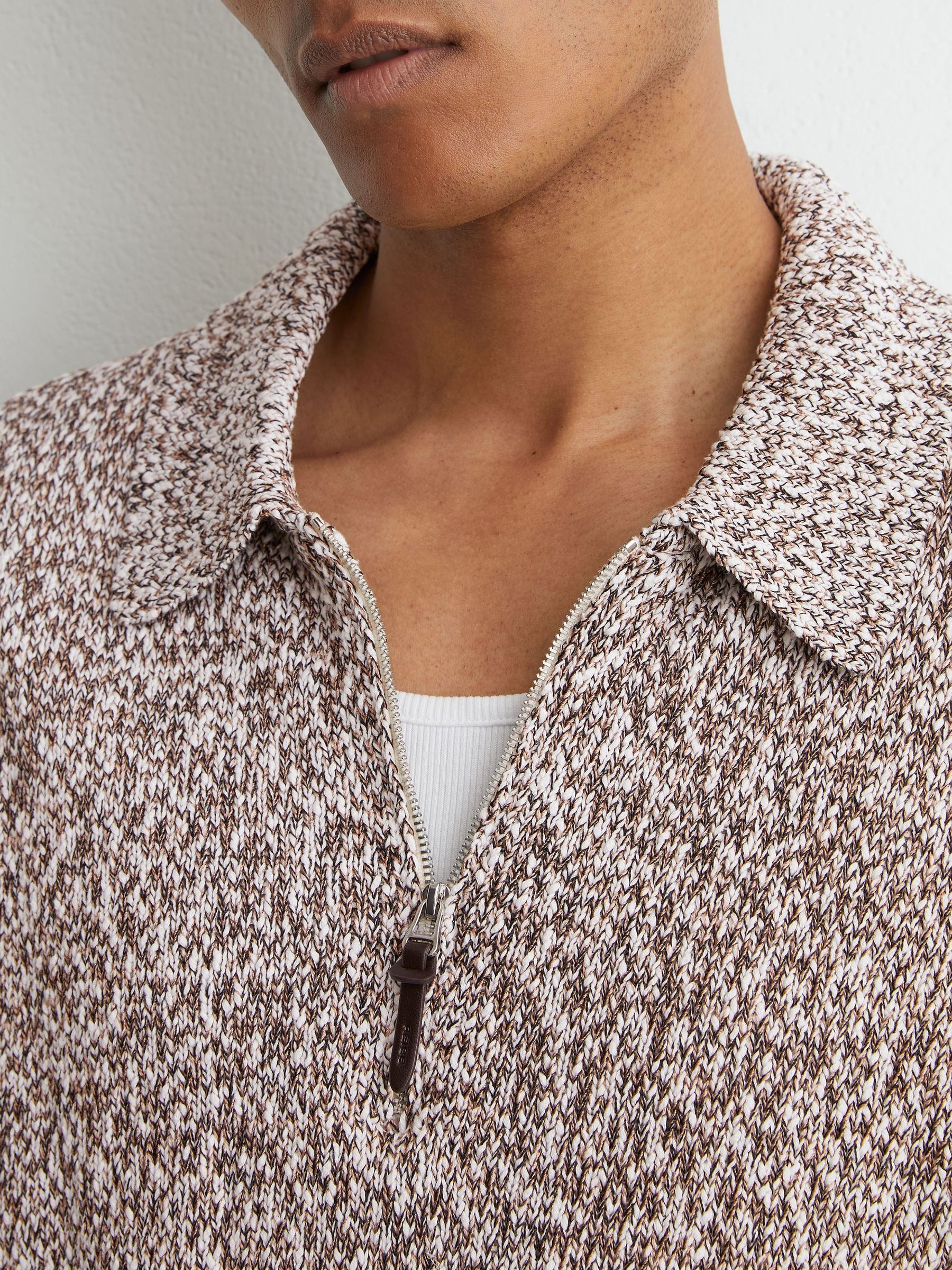 Cotton-Blend Marled Half-Zip Polo Jumper in White/Camel - Image 3 of 8