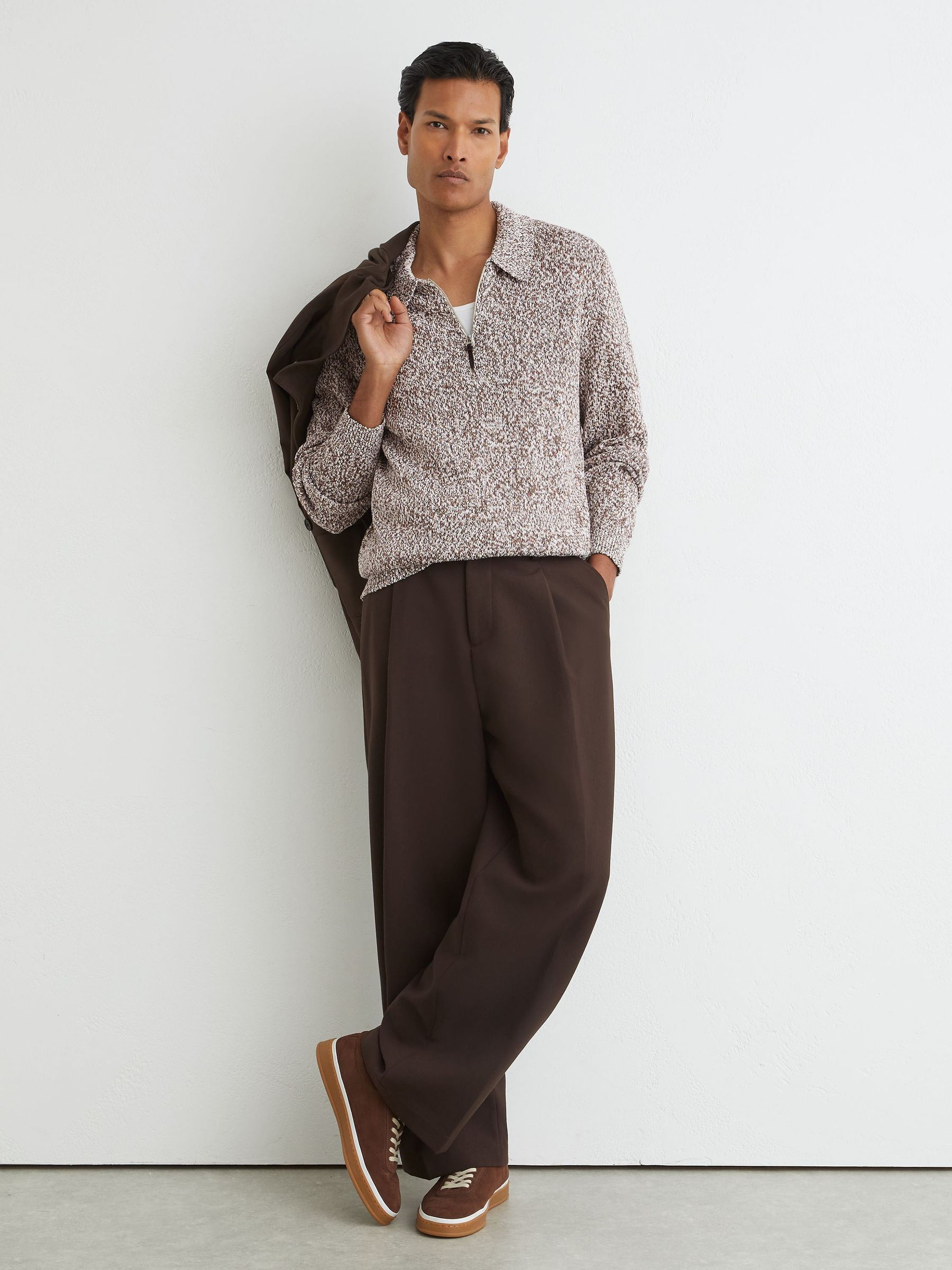 Cotton-Blend Marled Half-Zip Polo Jumper in White/Camel - Image 5 of 8
