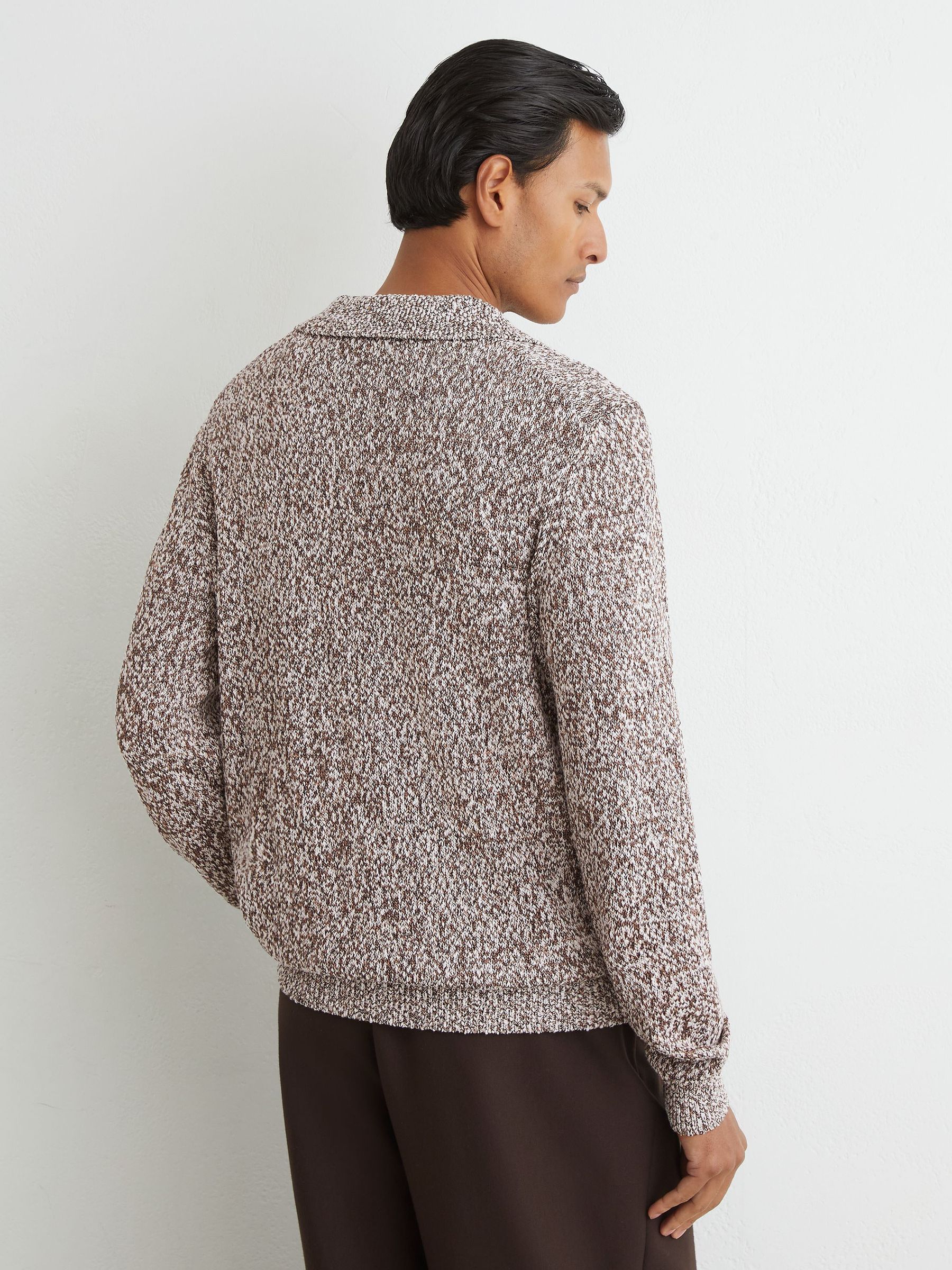 Cotton-Blend Marled Half-Zip Polo Jumper in White/Camel - Image 6 of 8