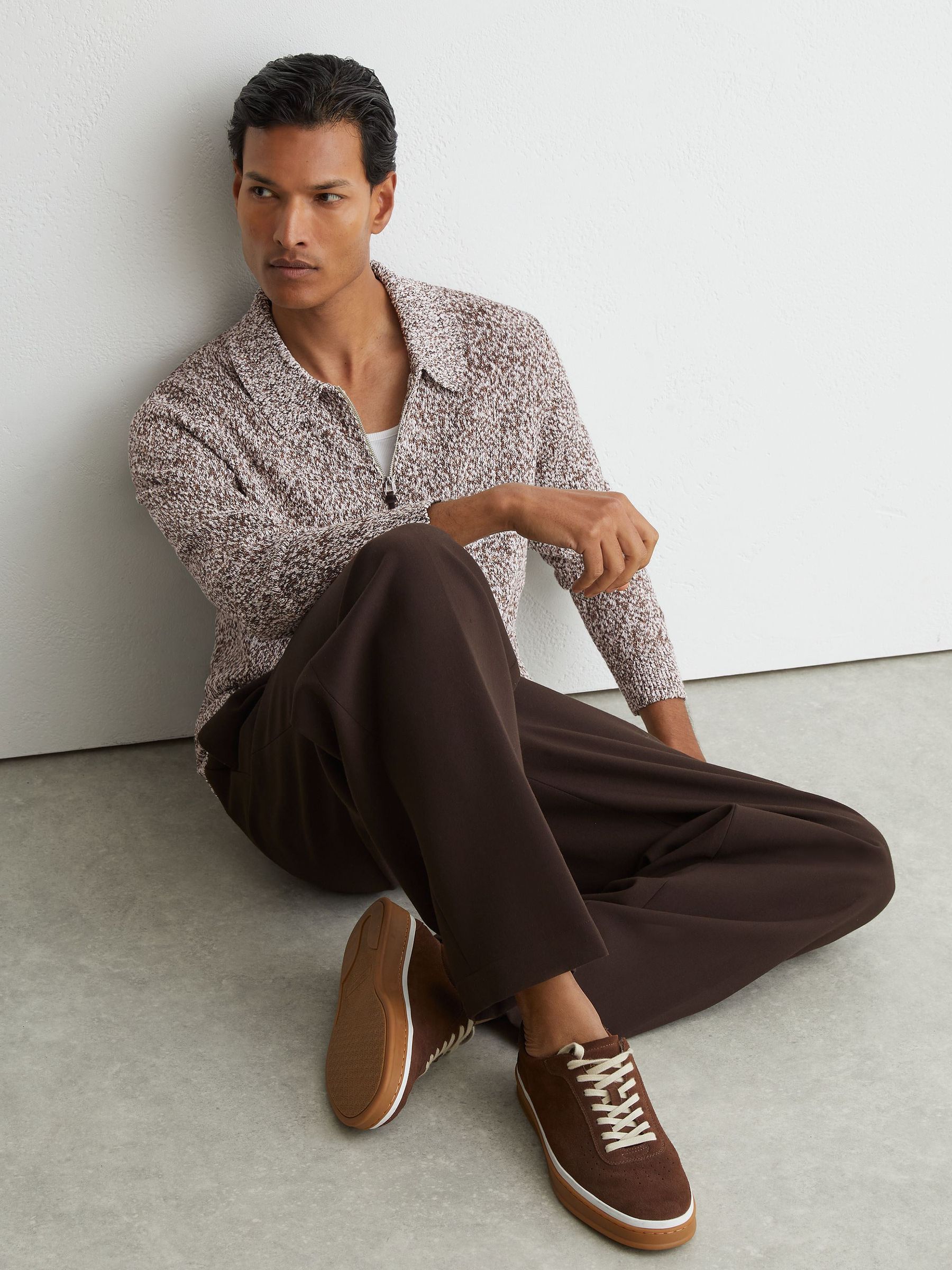 Cotton-Blend Marled Half-Zip Polo Jumper in White/Camel - Image 7 of 8
