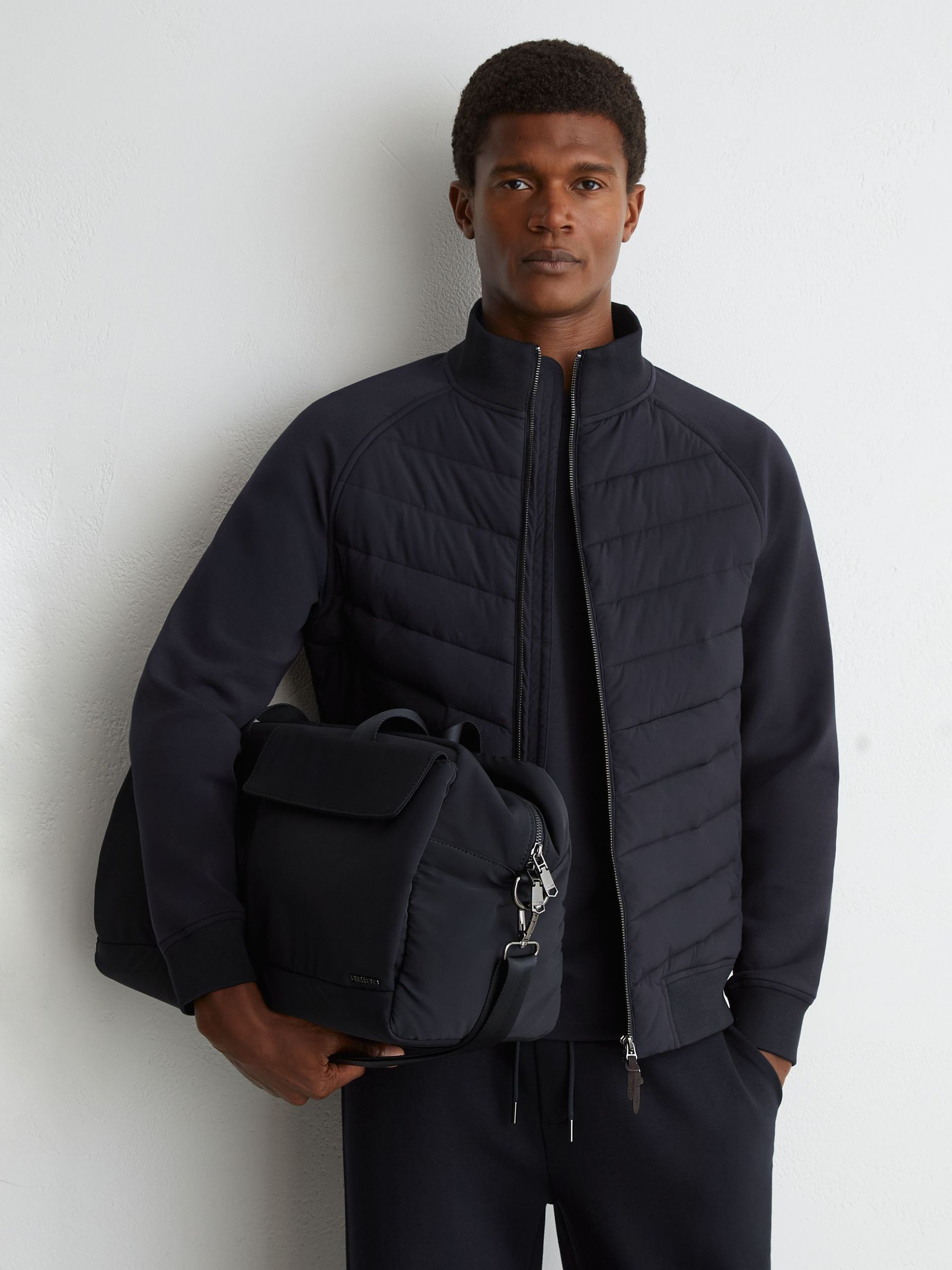 Hybrid Quilted And Interlock Zip Jacket in Navy - Image 1 of 7