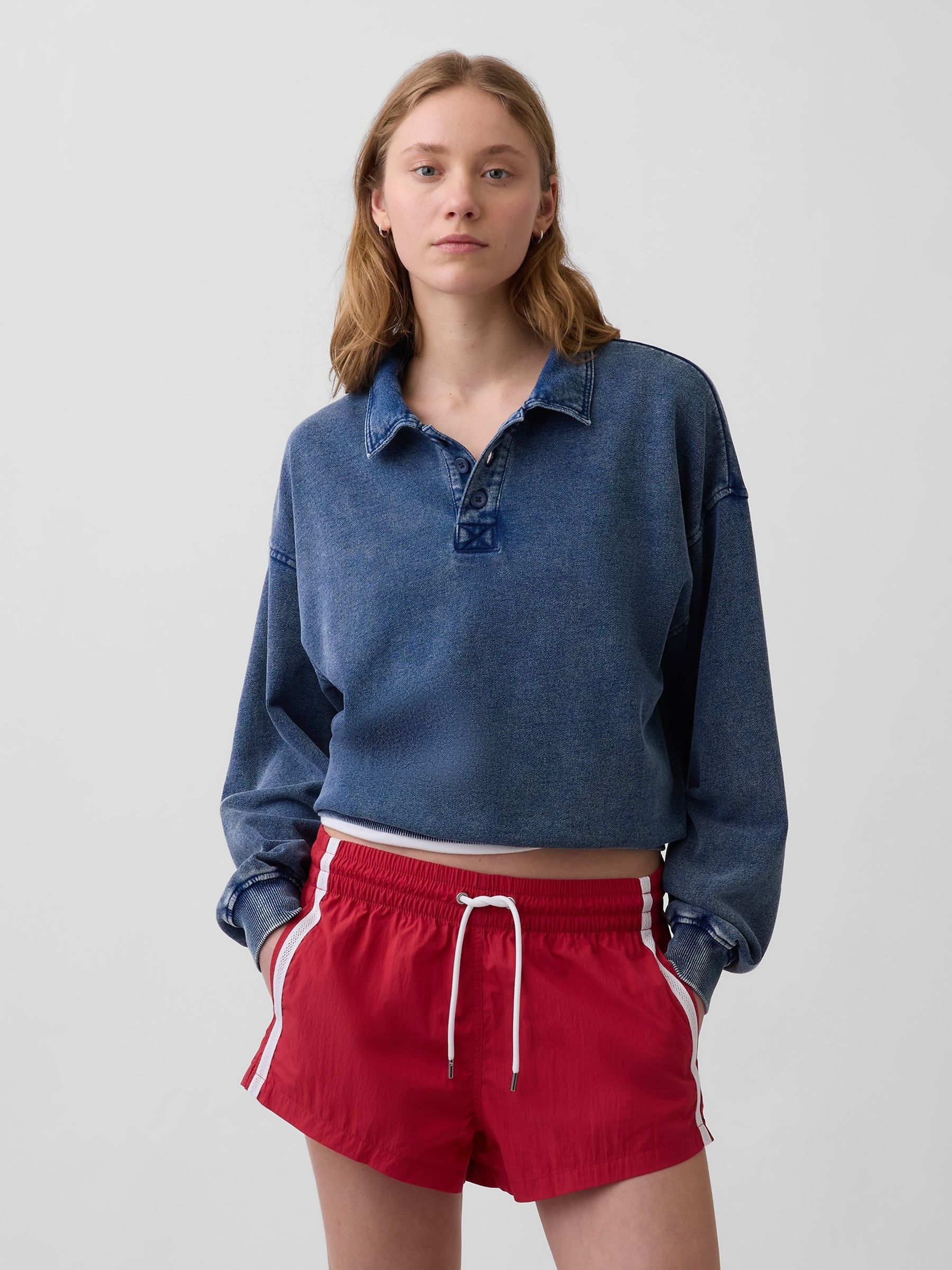 Washed Blue French Terry Oversized Polo Sweatshirt - Image 1 of 4