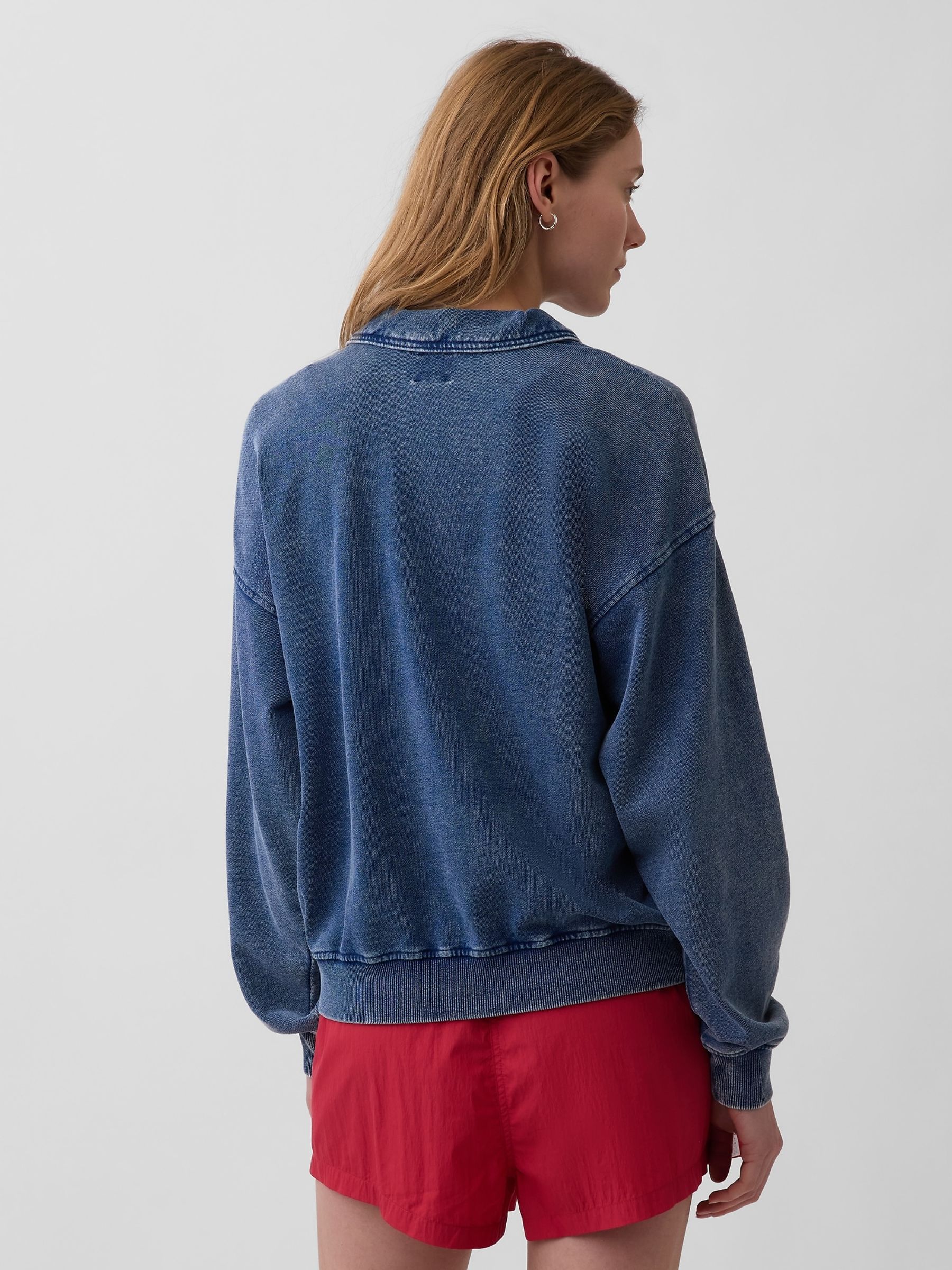 Washed Blue French Terry Oversized Polo Sweatshirt - Image 2 of 4
