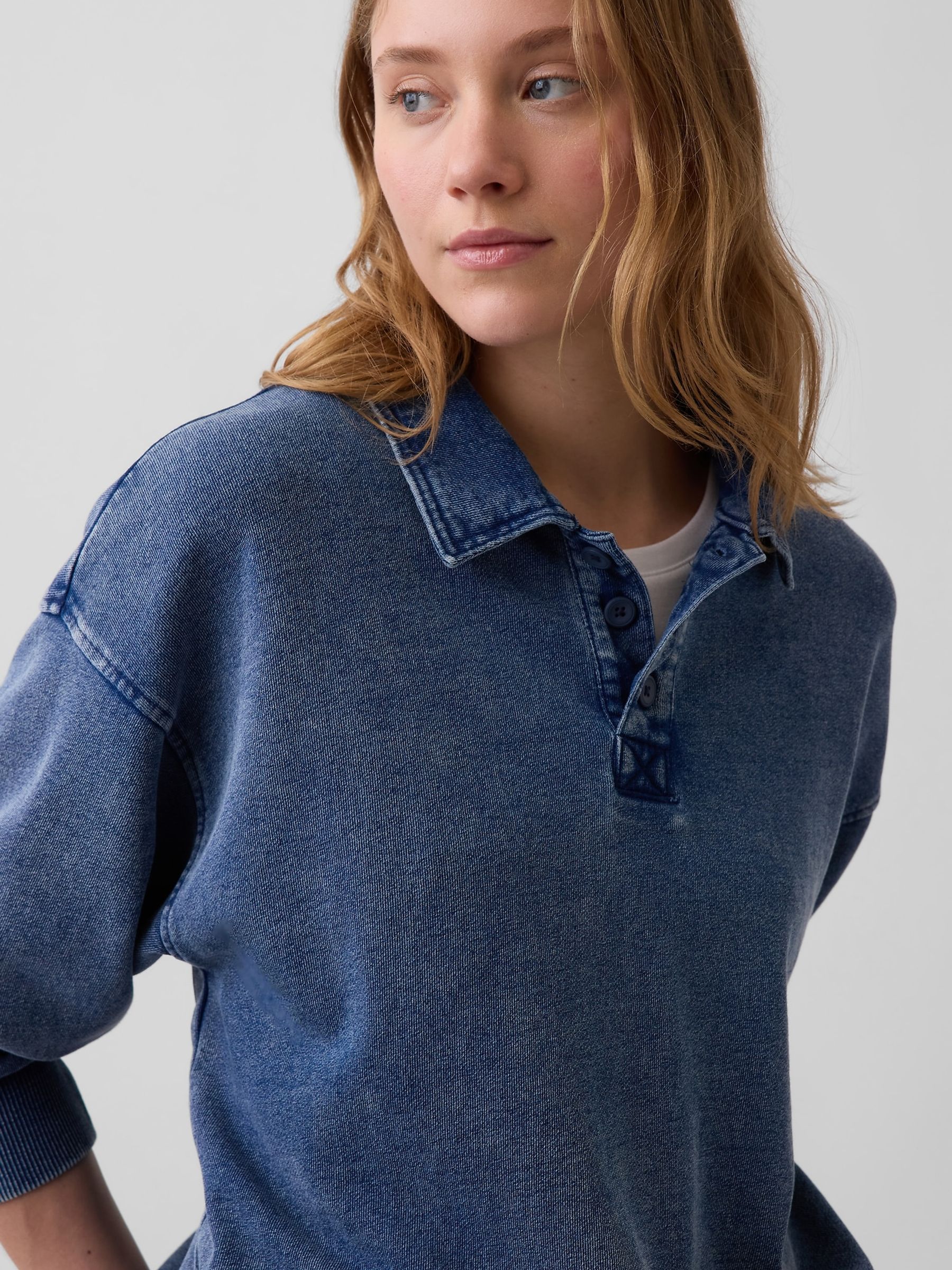 Washed Blue French Terry Oversized Polo Sweatshirt - Image 4 of 4