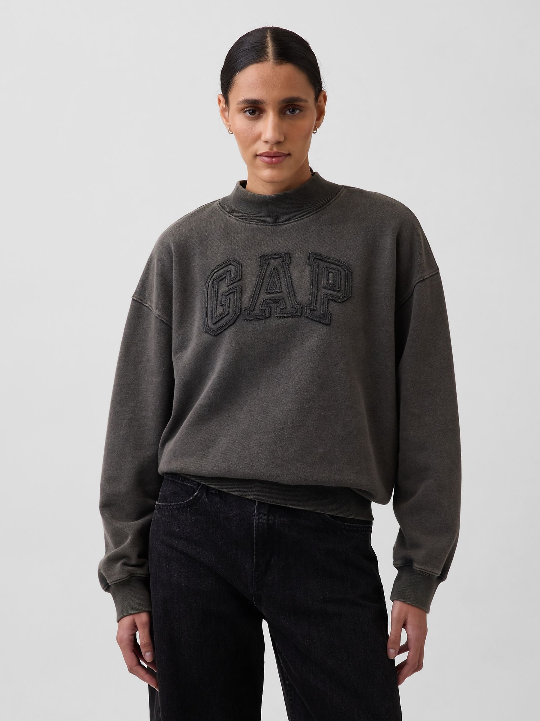 Faded Black Heavyweight French Terry Oversized Mock Neck Sweatshirt - Image 1 of 4