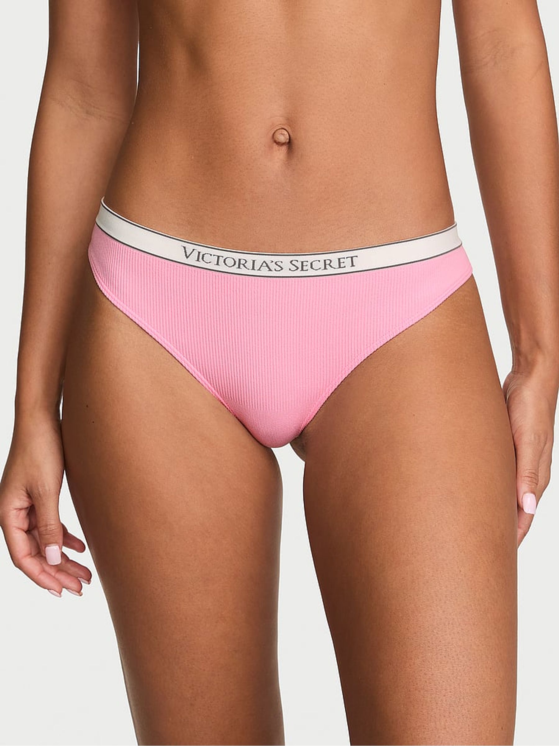 Victoria Pink Thong Logo Ribbed Knickers - Image 1 of 2