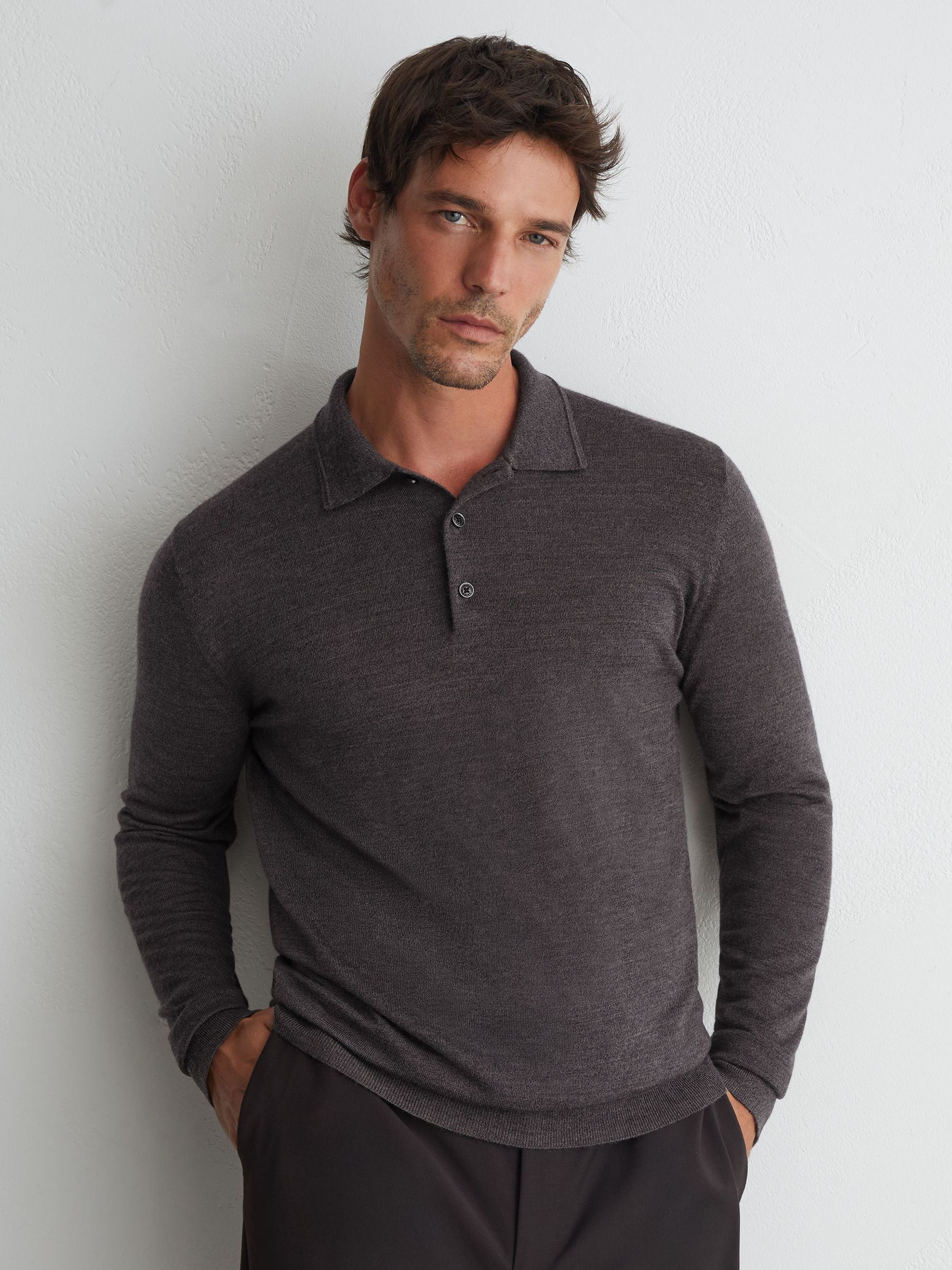 Merino Wool Long-Sleeve Polo Shirt in Dark Wicker Brown - Image 1 of 6