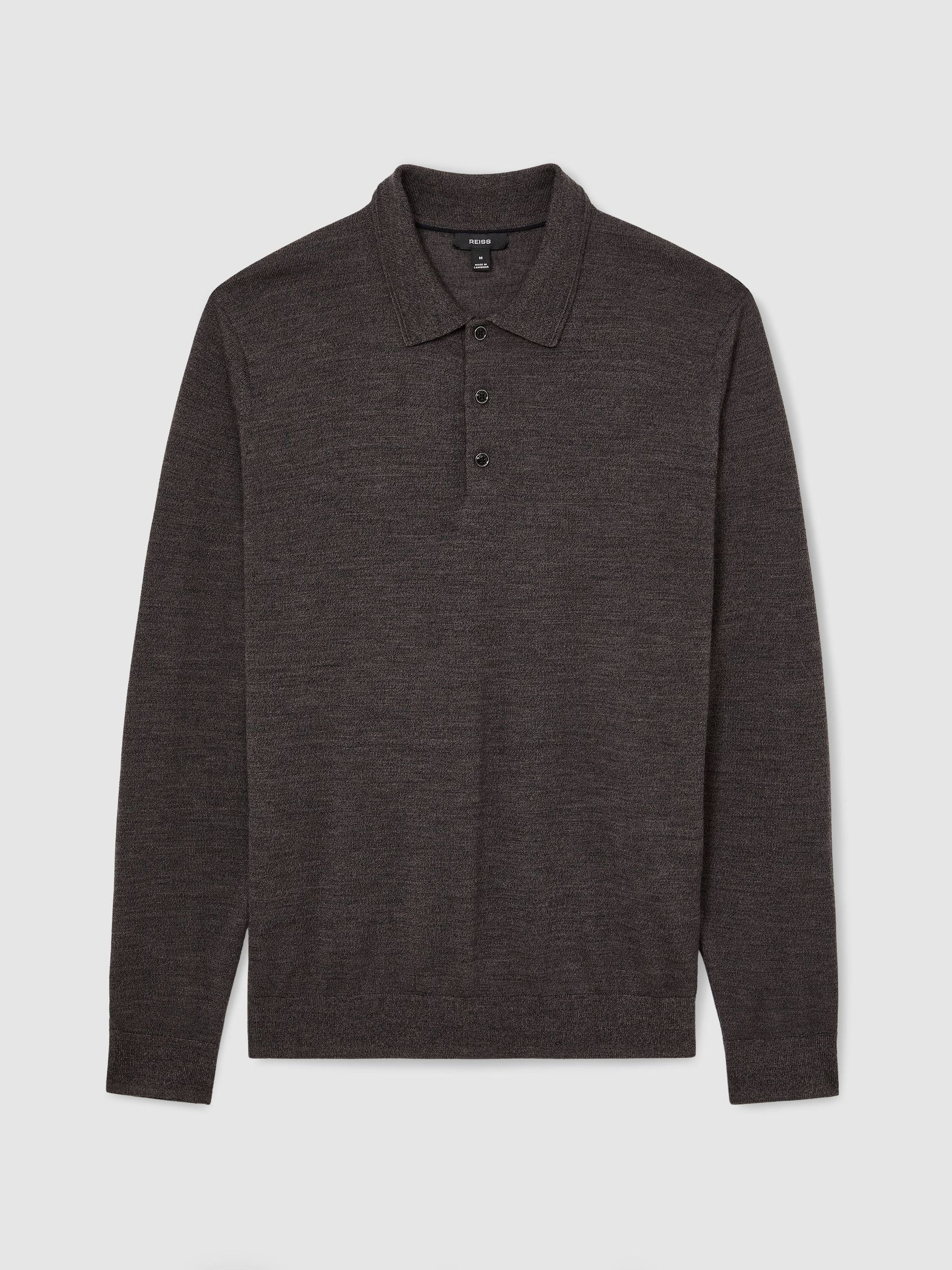Merino Wool Long-Sleeve Polo Shirt in Dark Wicker Brown - Image 2 of 6