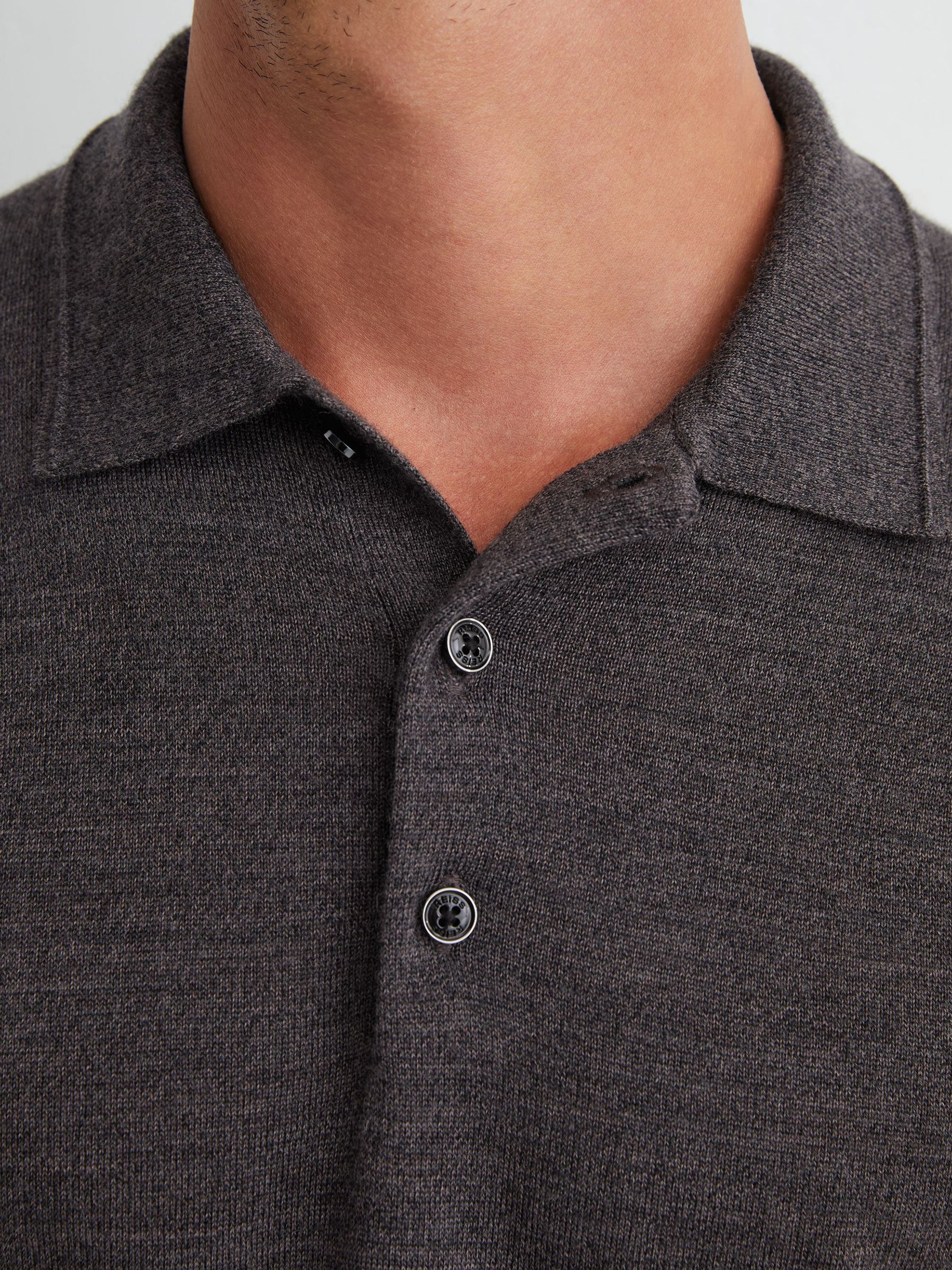 Merino Wool Long-Sleeve Polo Shirt in Dark Wicker Brown - Image 3 of 6