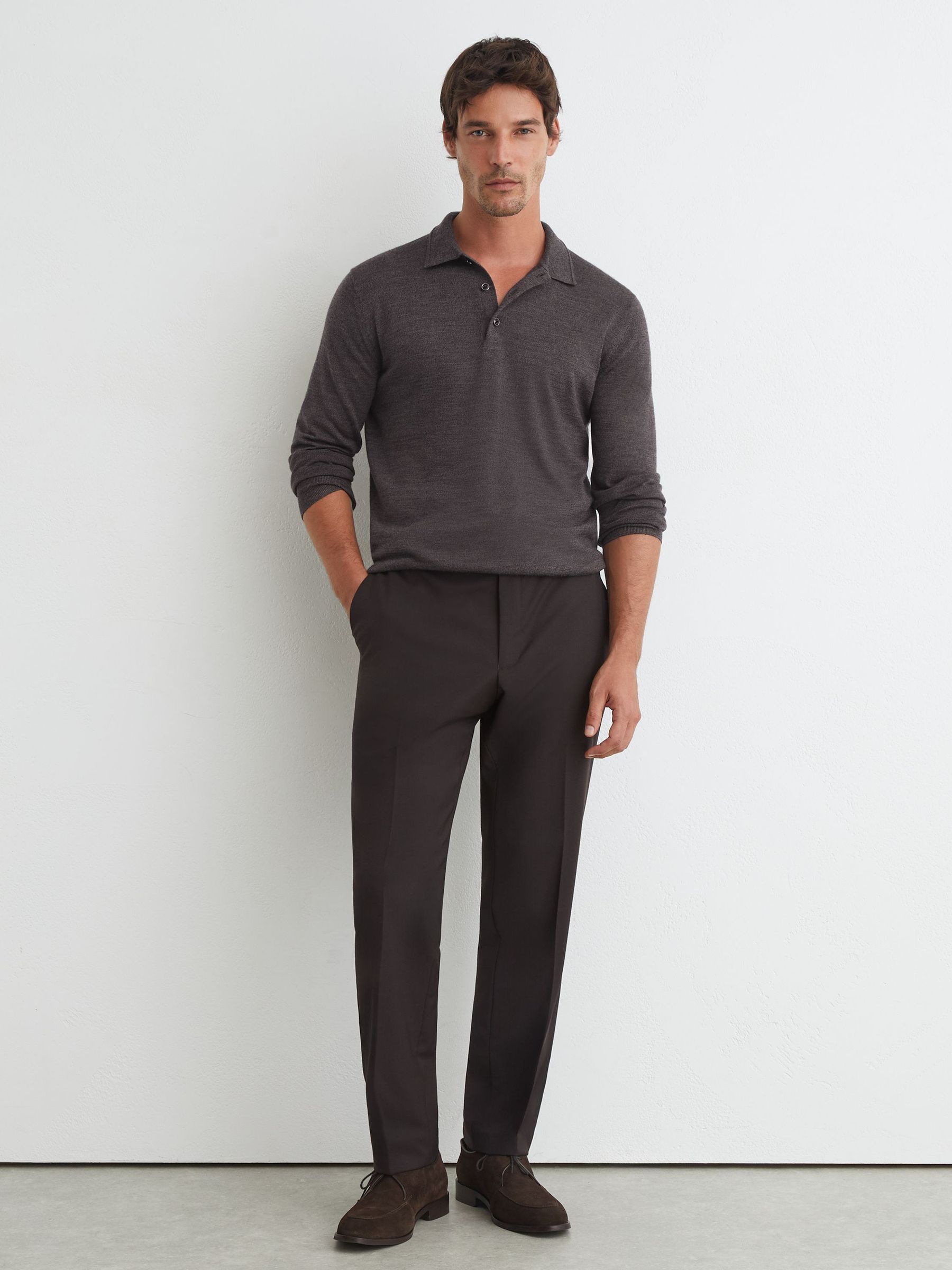 Merino Wool Long-Sleeve Polo Shirt in Dark Wicker Brown - Image 4 of 6