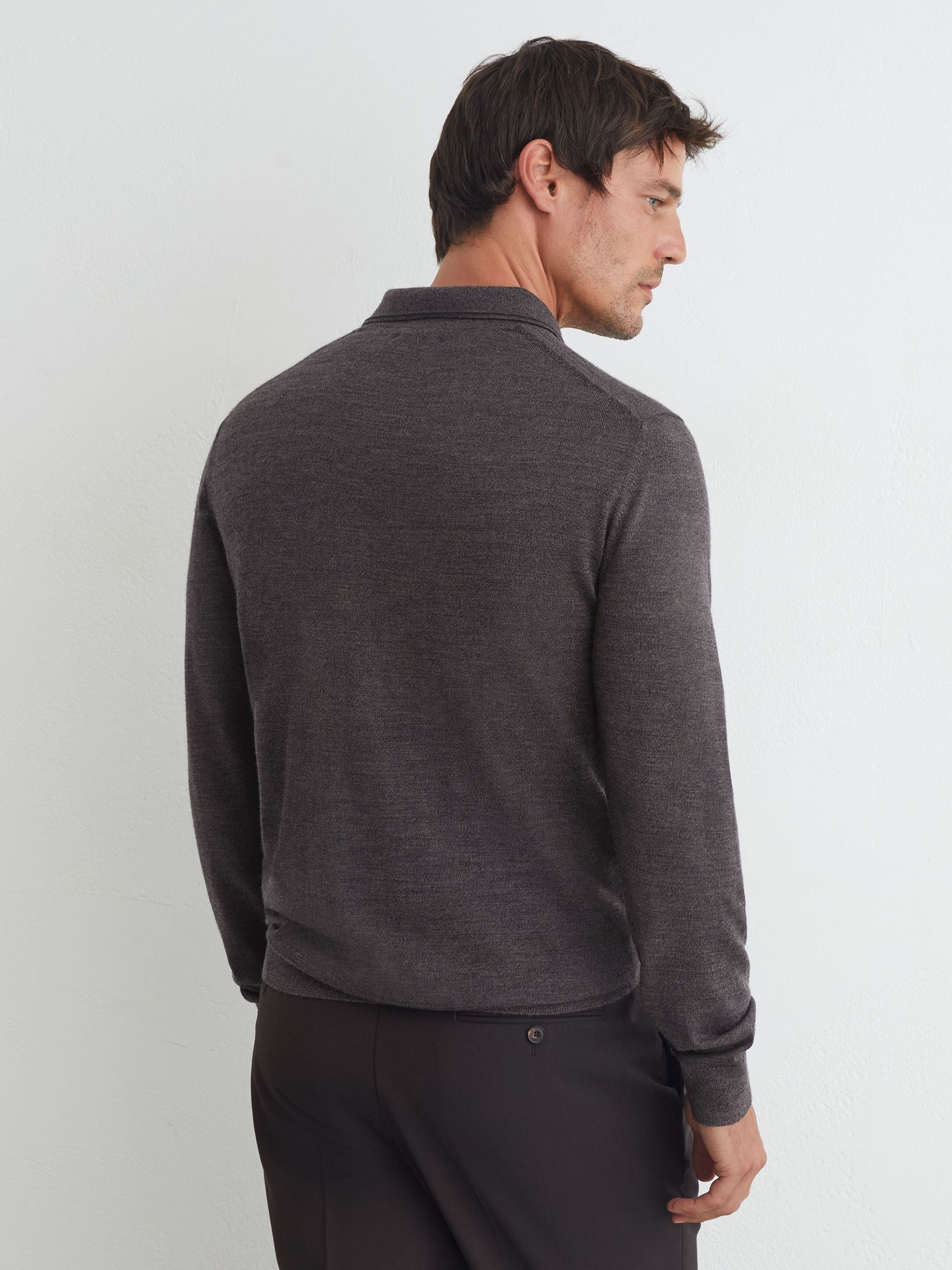 Merino Wool Long-Sleeve Polo Shirt in Dark Wicker Brown - Image 5 of 6