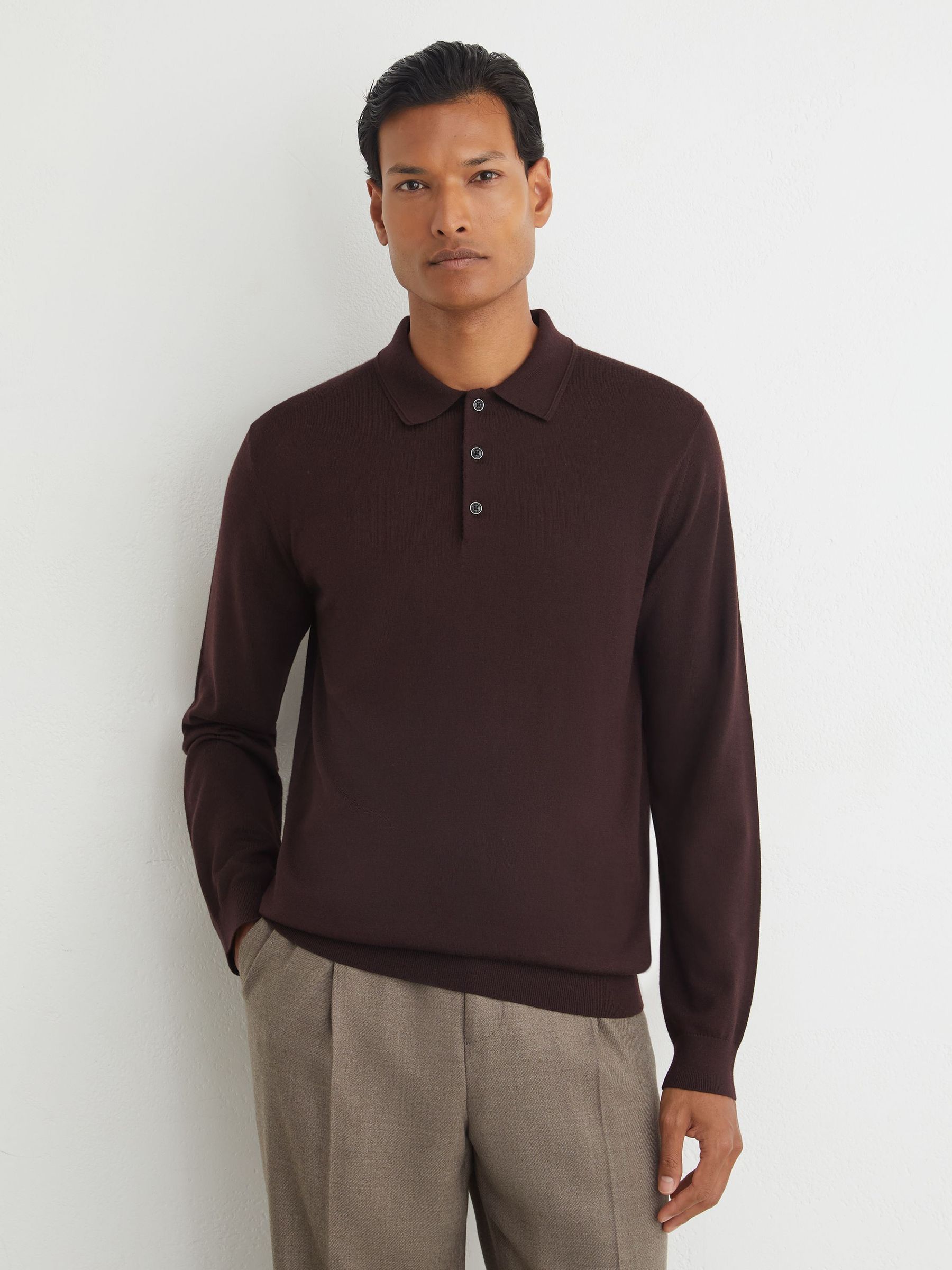Merino Wool Long-Sleeve Polo Shirt in Bordeaux - Image 1 of 6