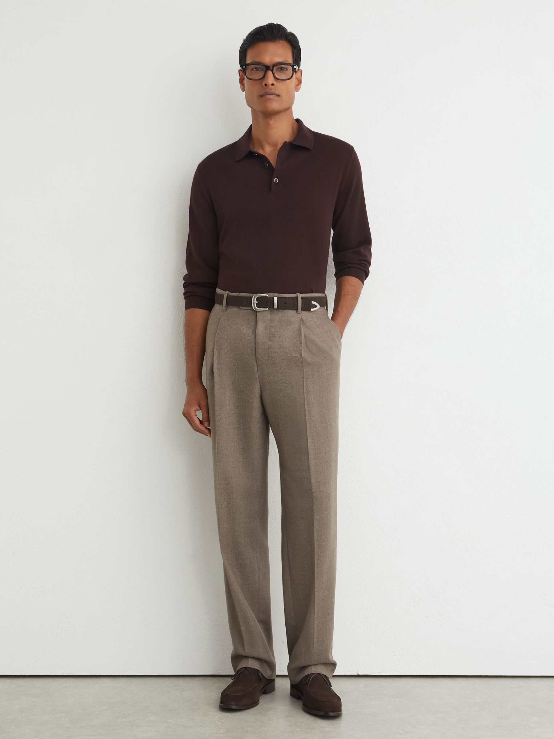 Merino Wool Long-Sleeve Polo Shirt in Bordeaux - Image 3 of 6